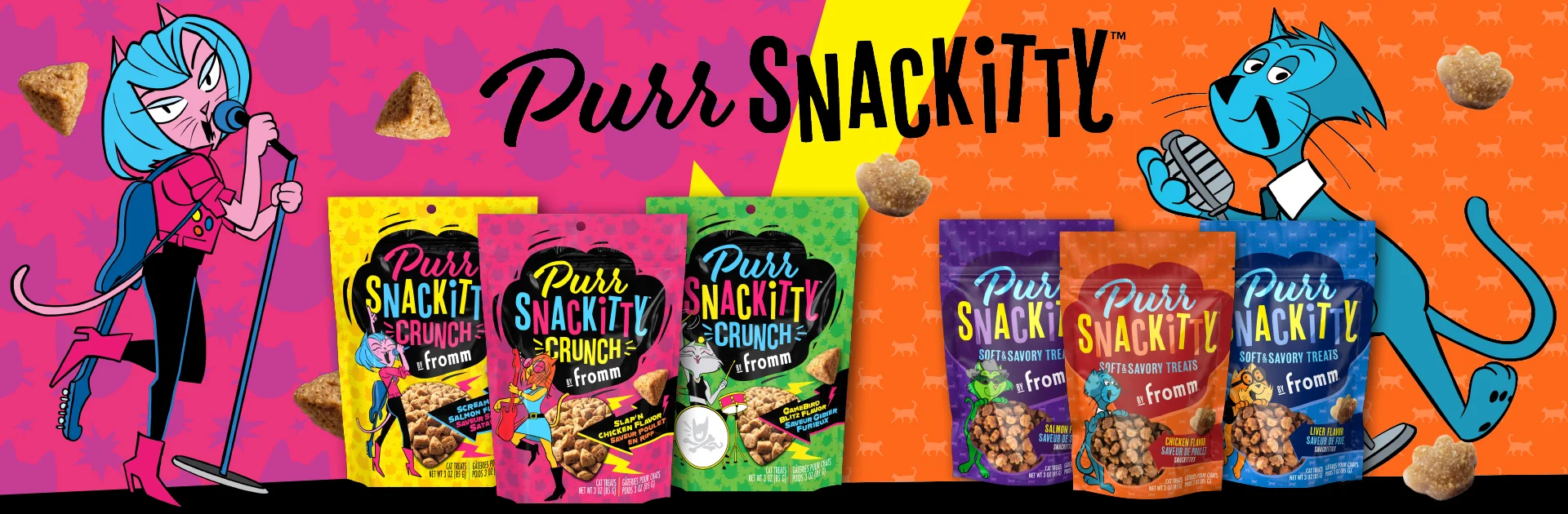 Cartoon rocker & jazz cats with PurrSnackitty cat treats