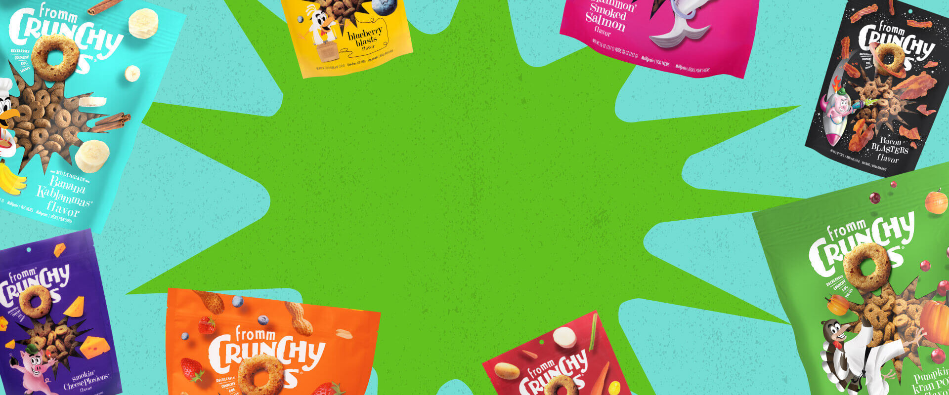 A bright green burst of color on a light blue background. Colorful Fromm Crunchy Os dog treat bags scattered across the image.
