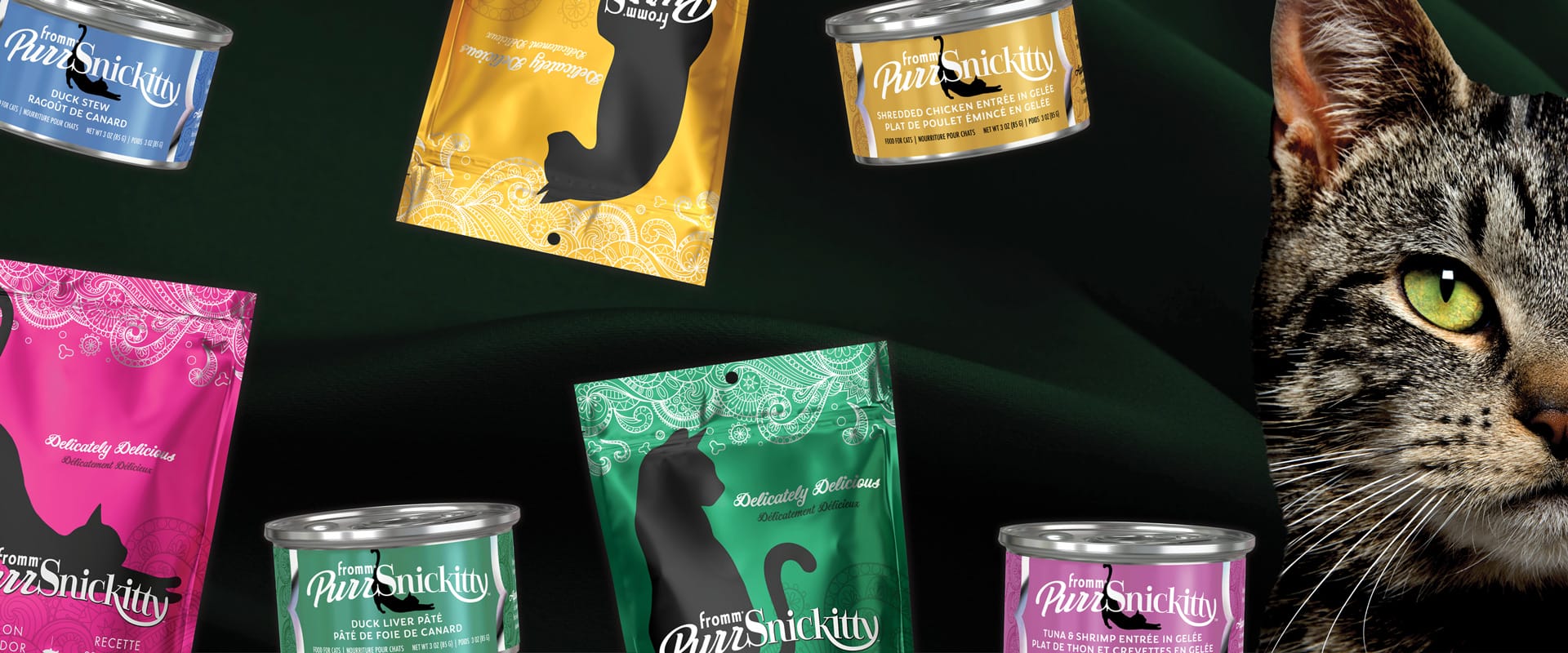 Cat food product images and cat face on black background