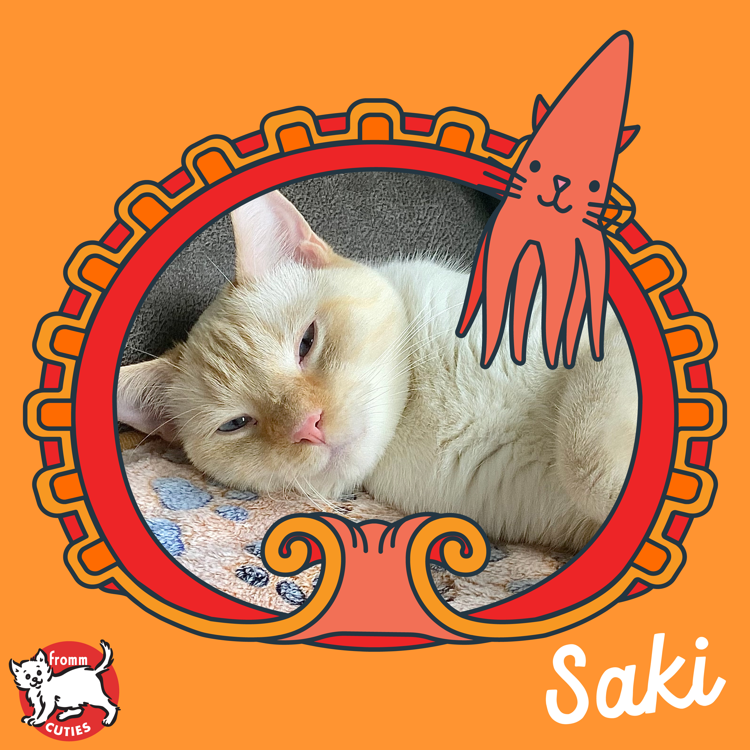 Fromm Cuties. Saki. A cream colored short-haired cat with its eyes closed. Cartoon porthole and cute cartoon marine life on orange background.