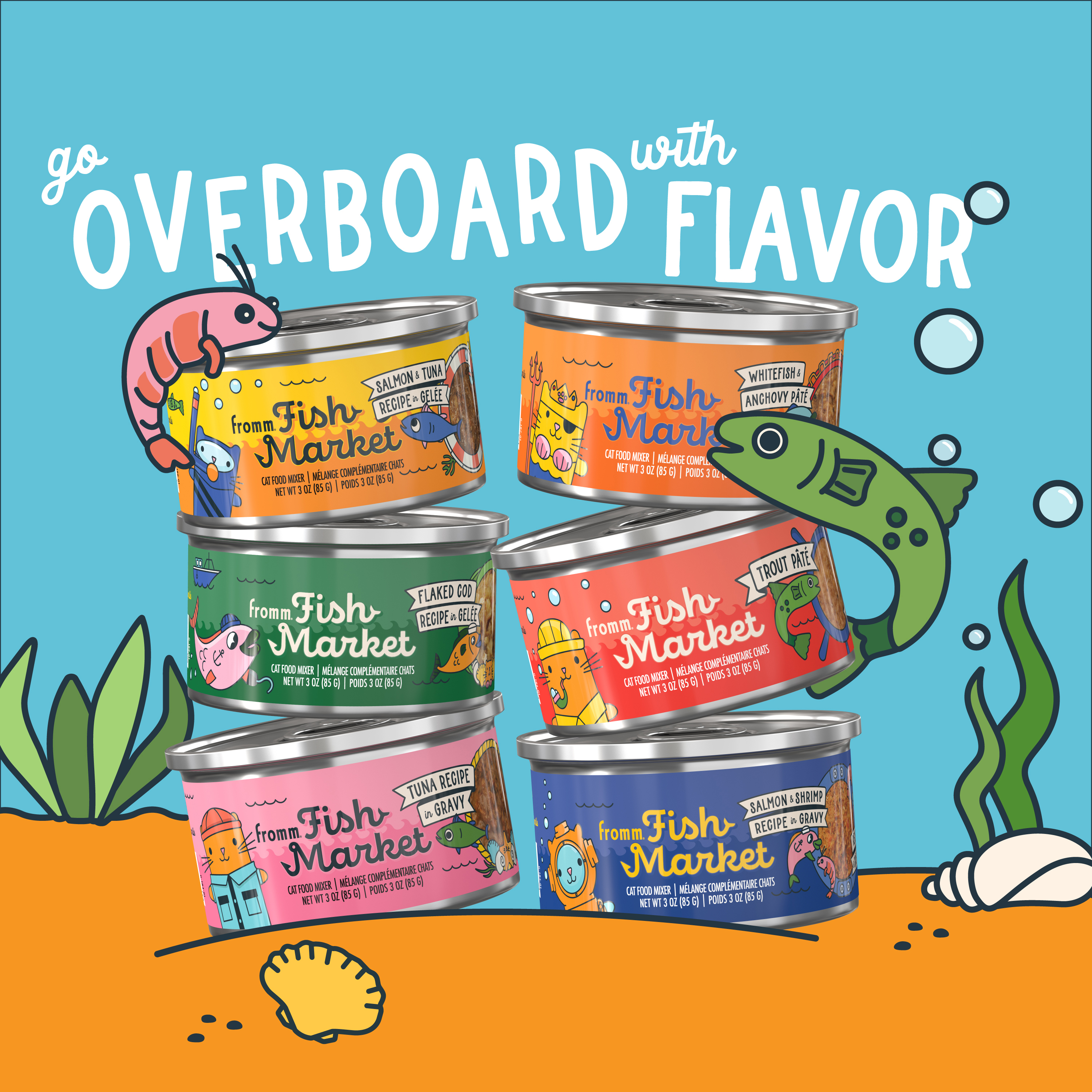 Fromm Fish Market Cat Food Mixers. Go overboard with Flavor. Six colorful cat food cans with cartoon marine life in undersea scene.