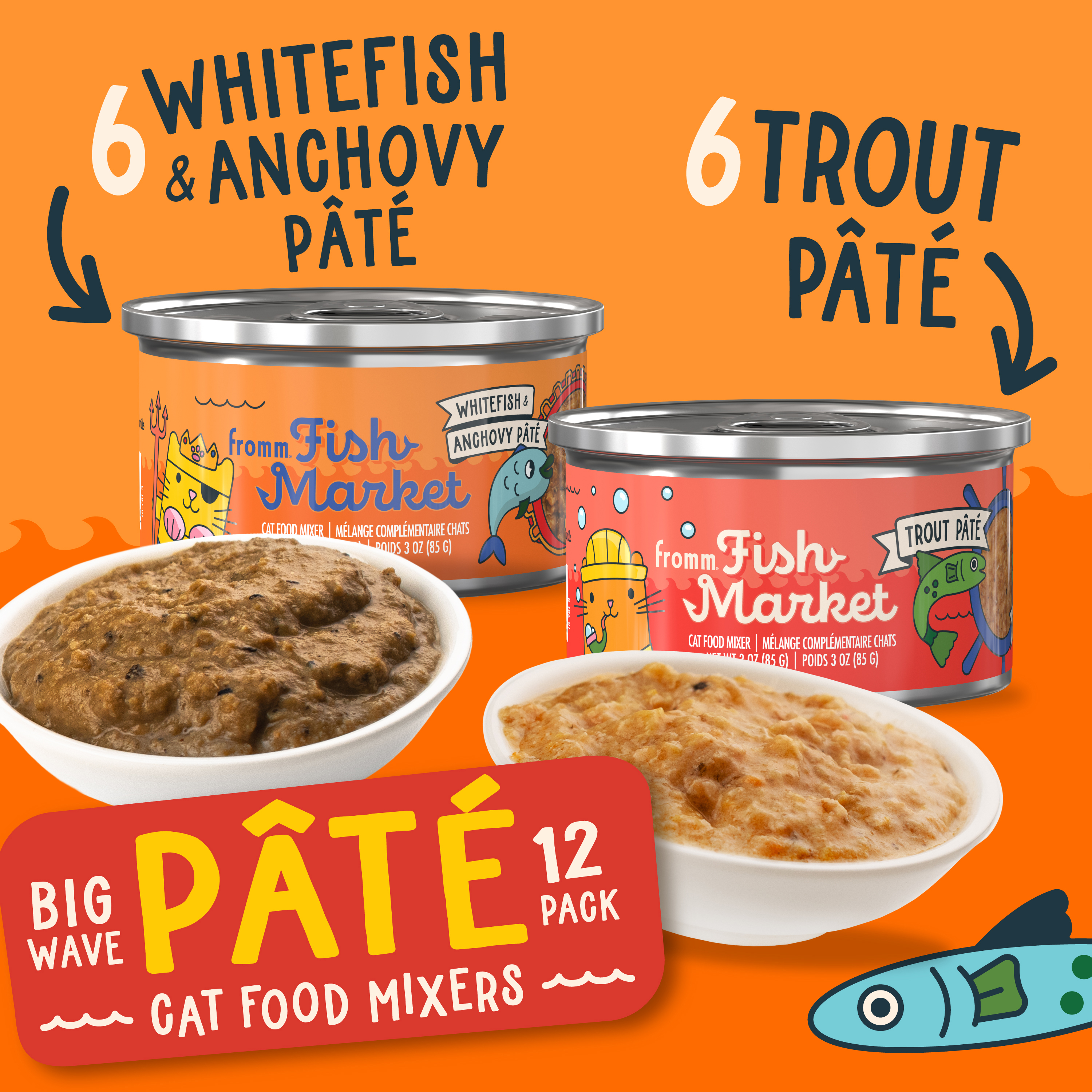 Fromm Fish Market Cat Food Mixers. Pâté Variety Pack. 6 Whitefish & Anchovy Pâté. 6 Trout Pâté. Two small light red and orange cat food cans. Cartoon fish on orange background.