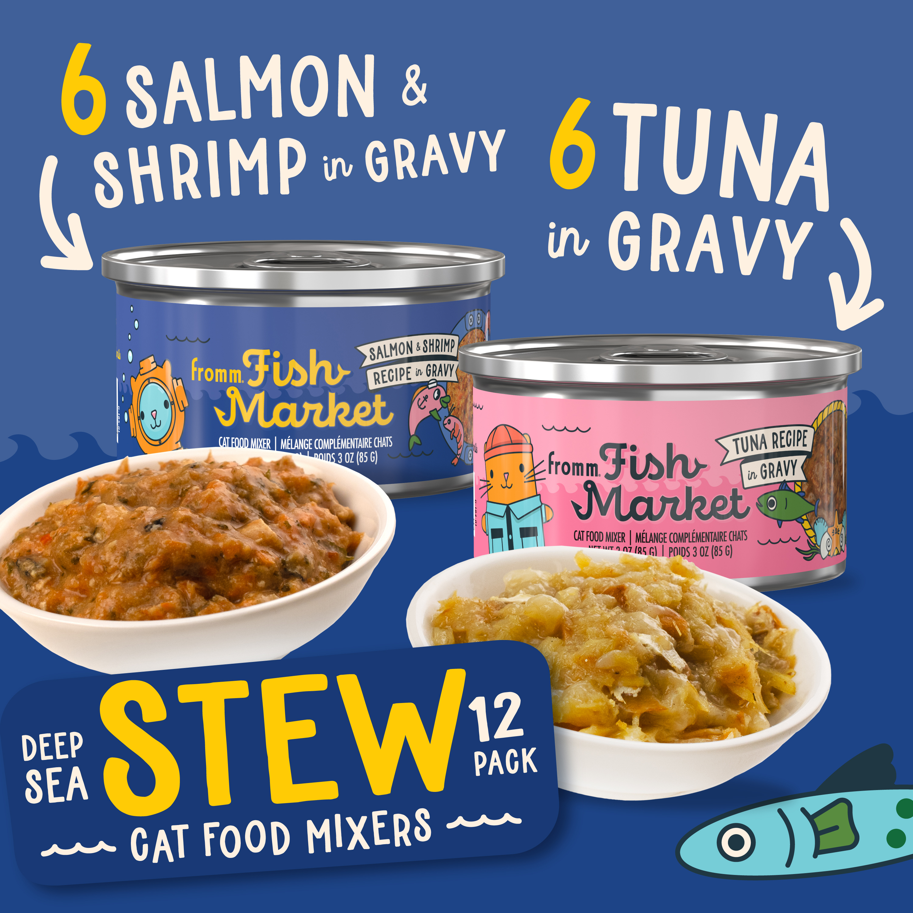 Fromm Fish Market Cat Food Mixers. Stew Variety Pack. 6 Salmon & Shrimp Recipe in Gravy. 6 Tuna Recipe in Gravy. Two small blue and pink cat food cans. Cartoon fish on blue background.
