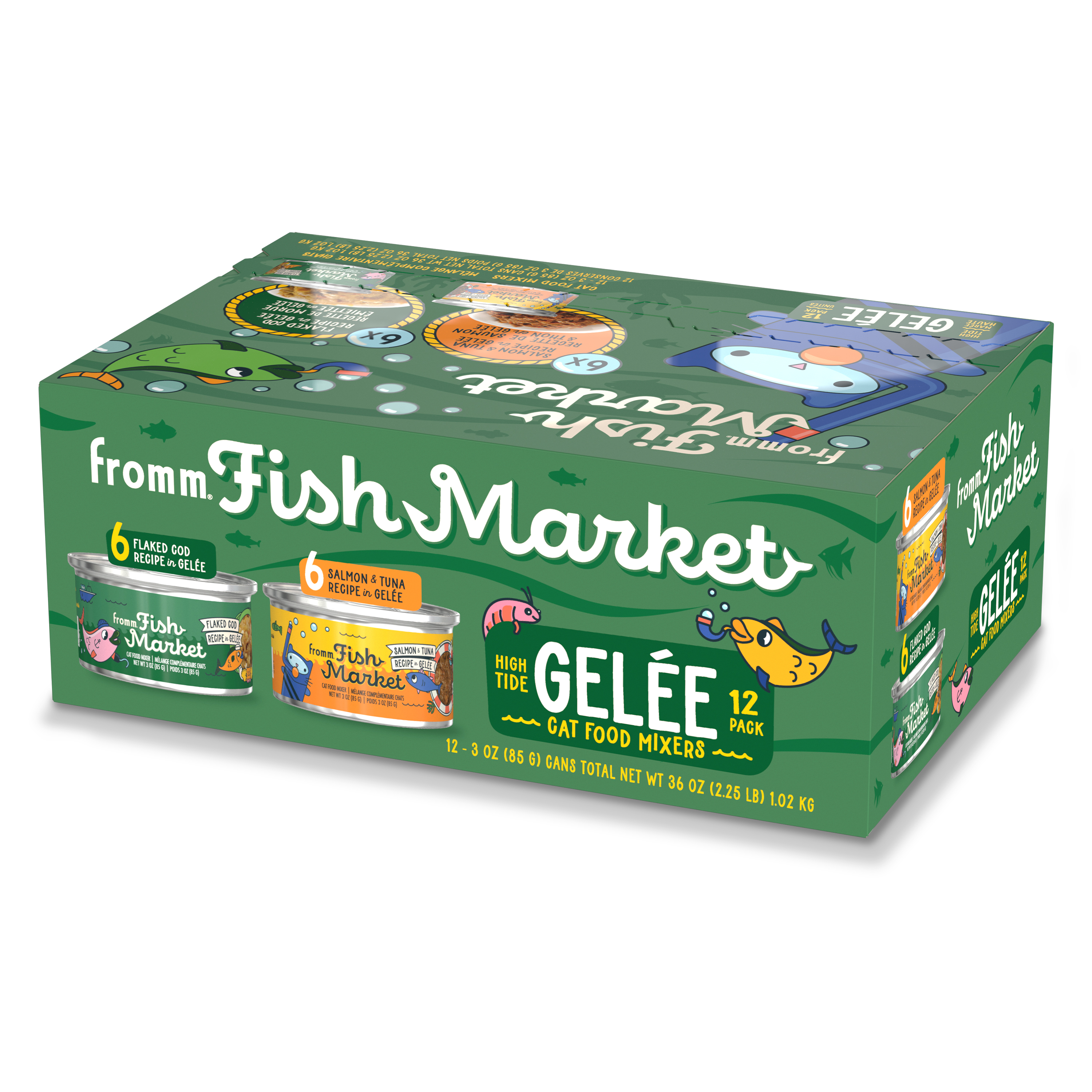 Fromm Fish Market Cat Food Mixers. Gelée Variety Pack Box. A colorful green box of cat food with cartoon cats and marine life. Images of cans. Gelée Recipes. 12 count.