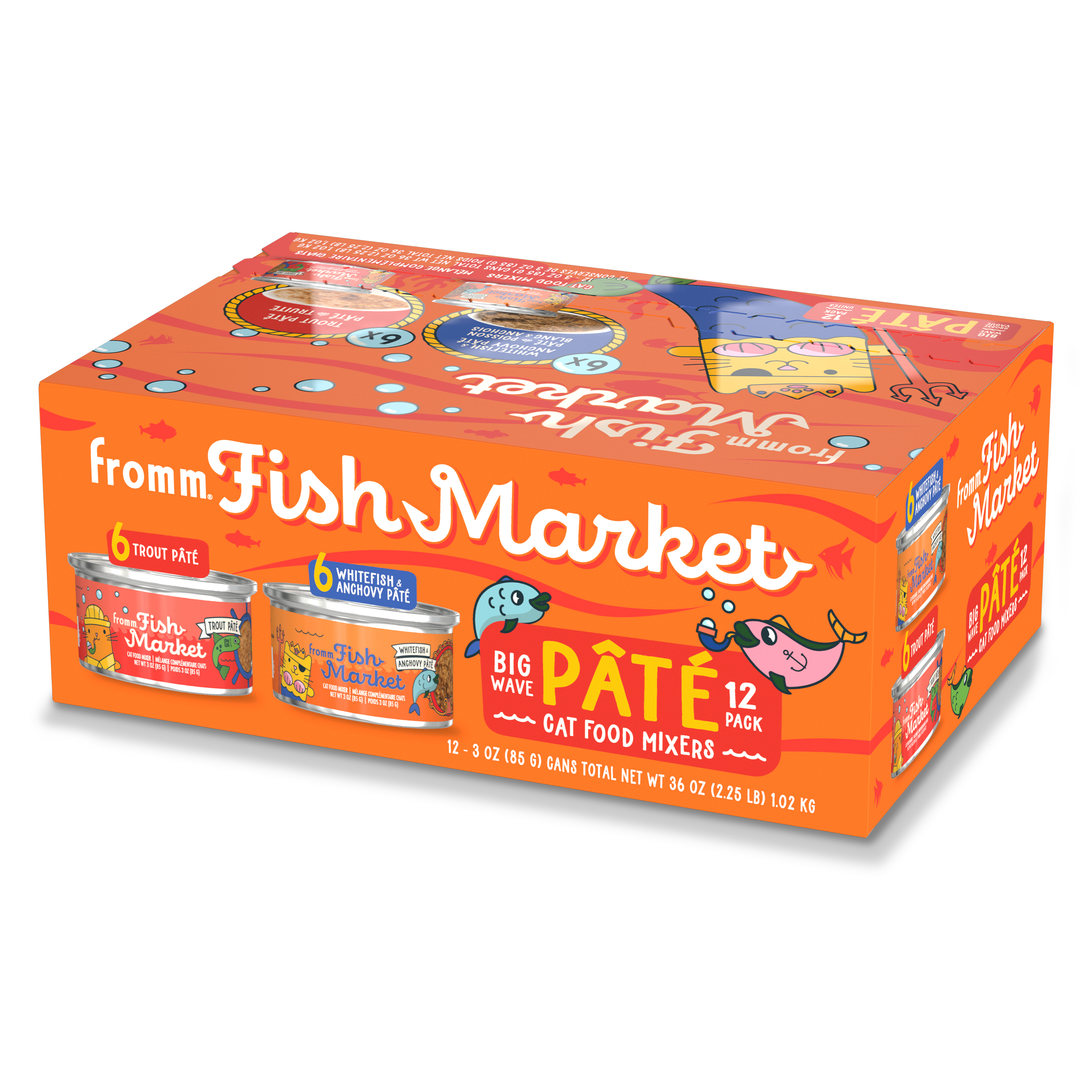 Fromm Fish Market Cat Food Mixers. Pâté Variety Pack Box. A colorful orange box of cat food with cartoon cats and marine life. Images of cans. Pâté Recipes. 12 count.