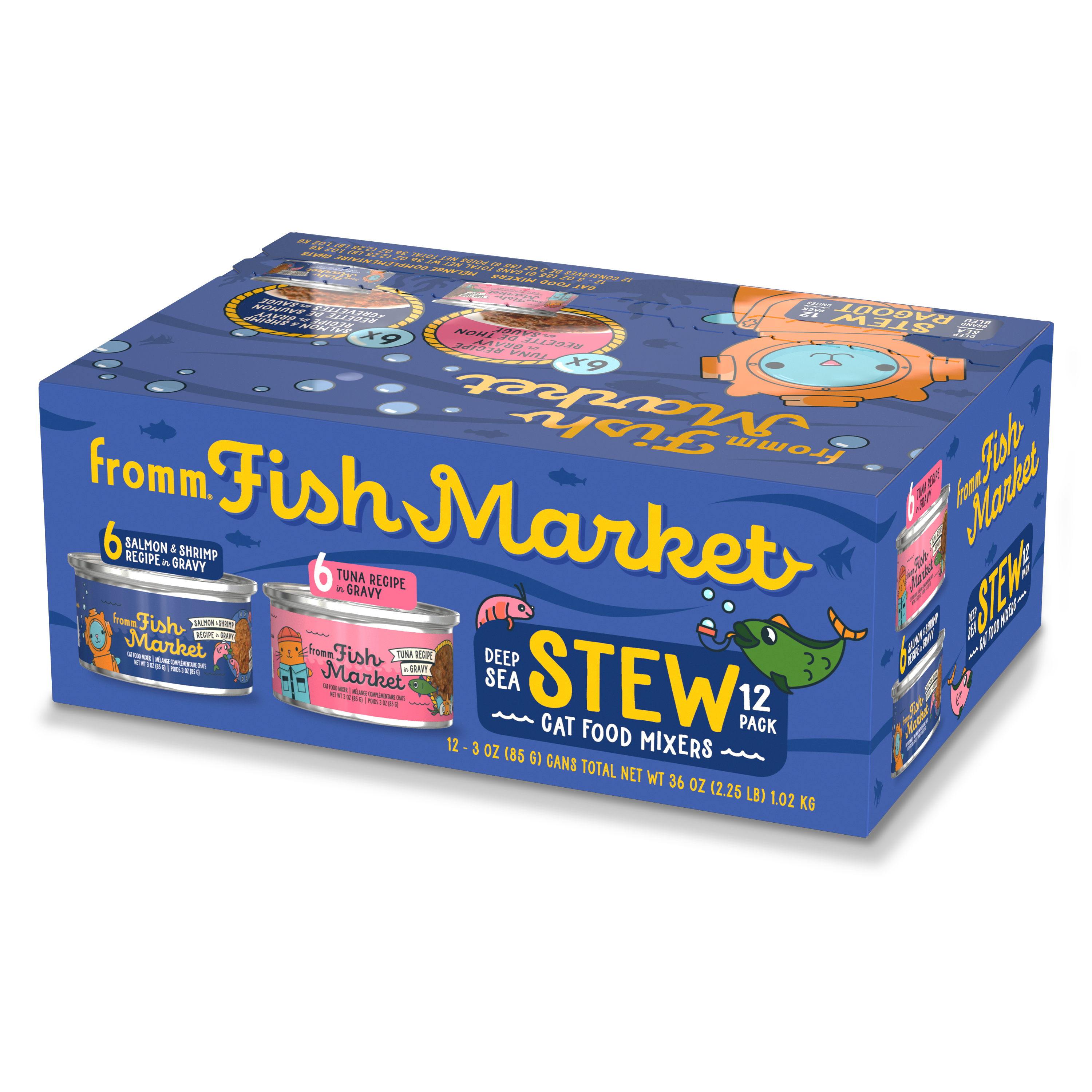 Fromm Fish Market Cat Food Mixers. Stew Variety Pack Box. A colorful blue box of cat food with cartoon cats and marine life. Images of cans. Stew Recipes. 12 count.