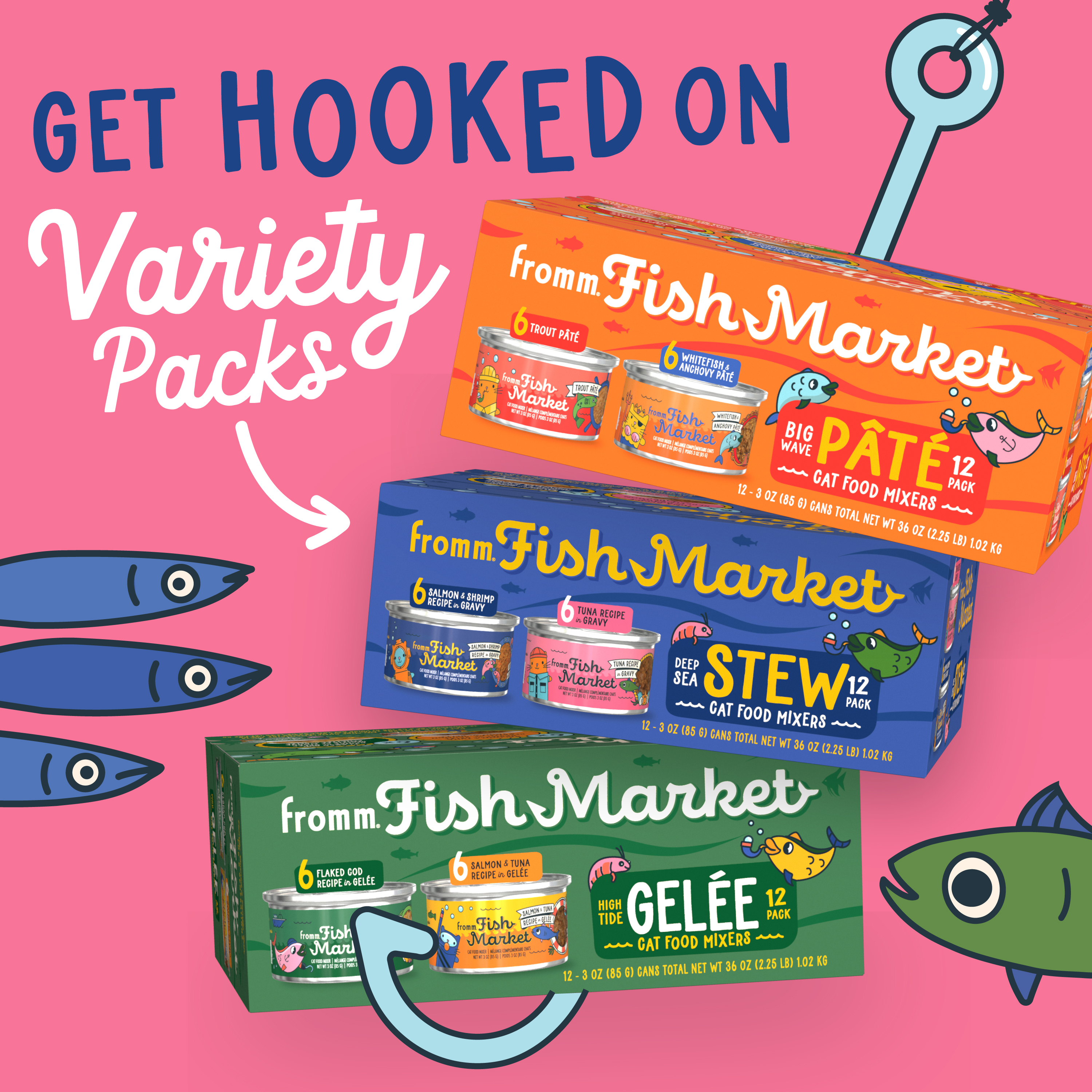 Fromm Fish Market Cat Food Mixers. Get hooked on Variety Packs. Three colorful variety pack boxes showing cans of cat food on a cartoon hook. Pâte, Stew, and Gelée Variety Packs. Cute cartoon fish on pink background.