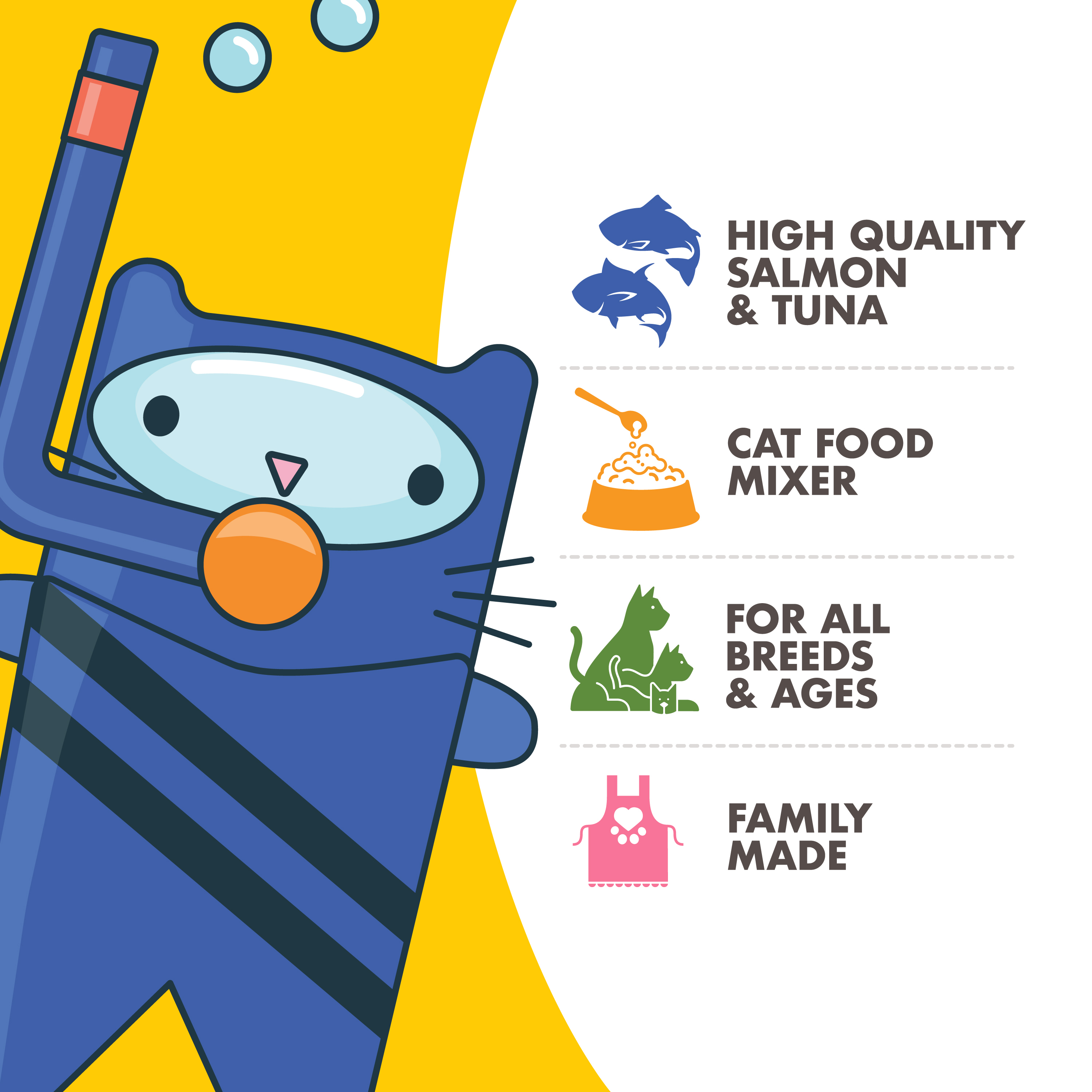 Fromm Fish Market Salmon & Tuna Recipe in Gelée product attributes with icons and a cute cartoon cat. High quality salmon & tuna. Cat food mixer. For all breeds & ages. Family made.