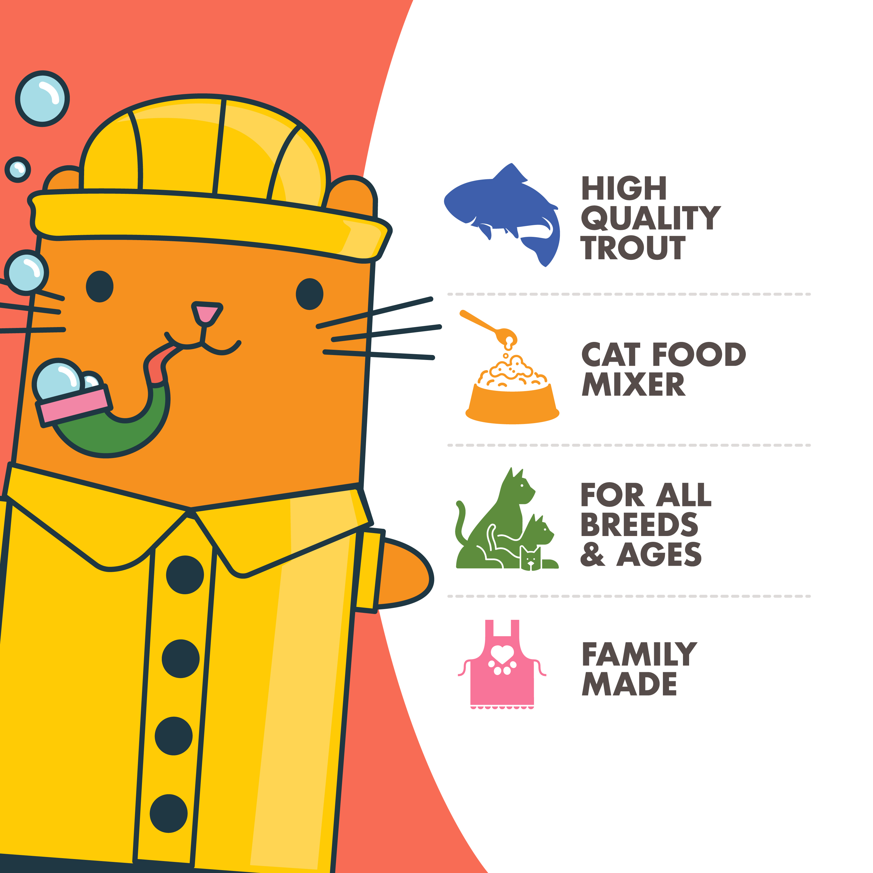 Fromm Fish Market Trout Pâté product attributes with icons and a cute cartoon cat. High quality trout. Cat food mixer. For all breeds & ages. Family made.