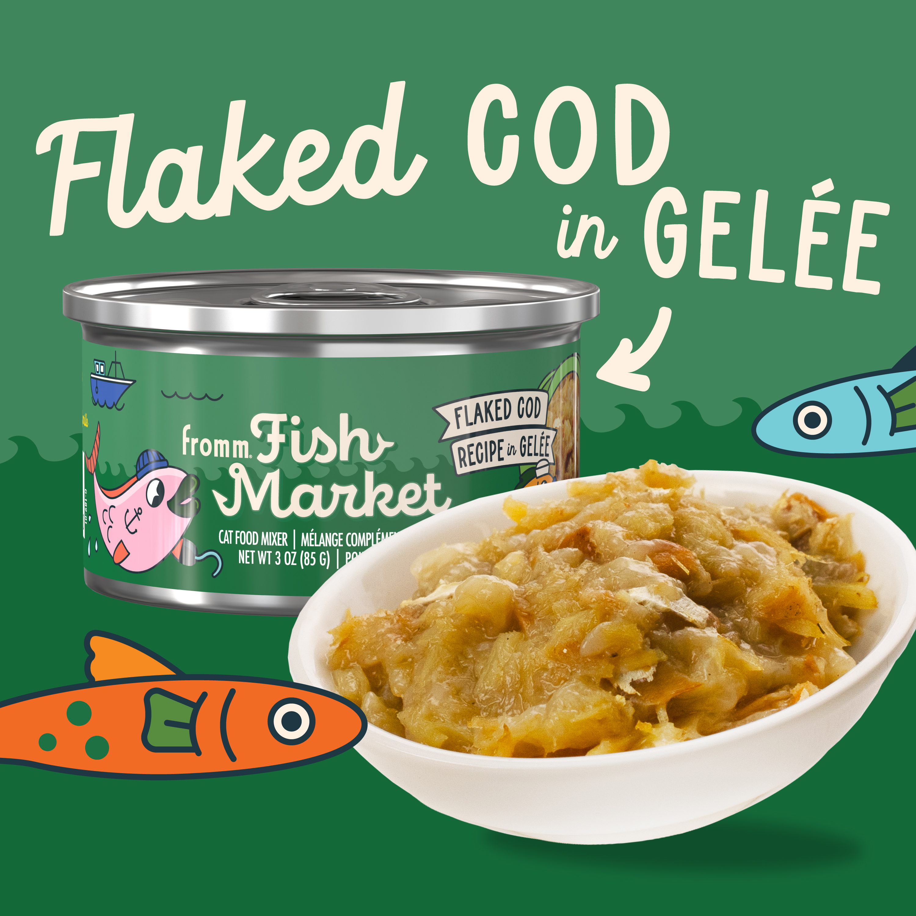 Fromm Fish Market. Flaked Cod Recipe in Gelée. A bowl of cod recipe cat food in front of a small green can of cat food. Green background and cartoon fish.