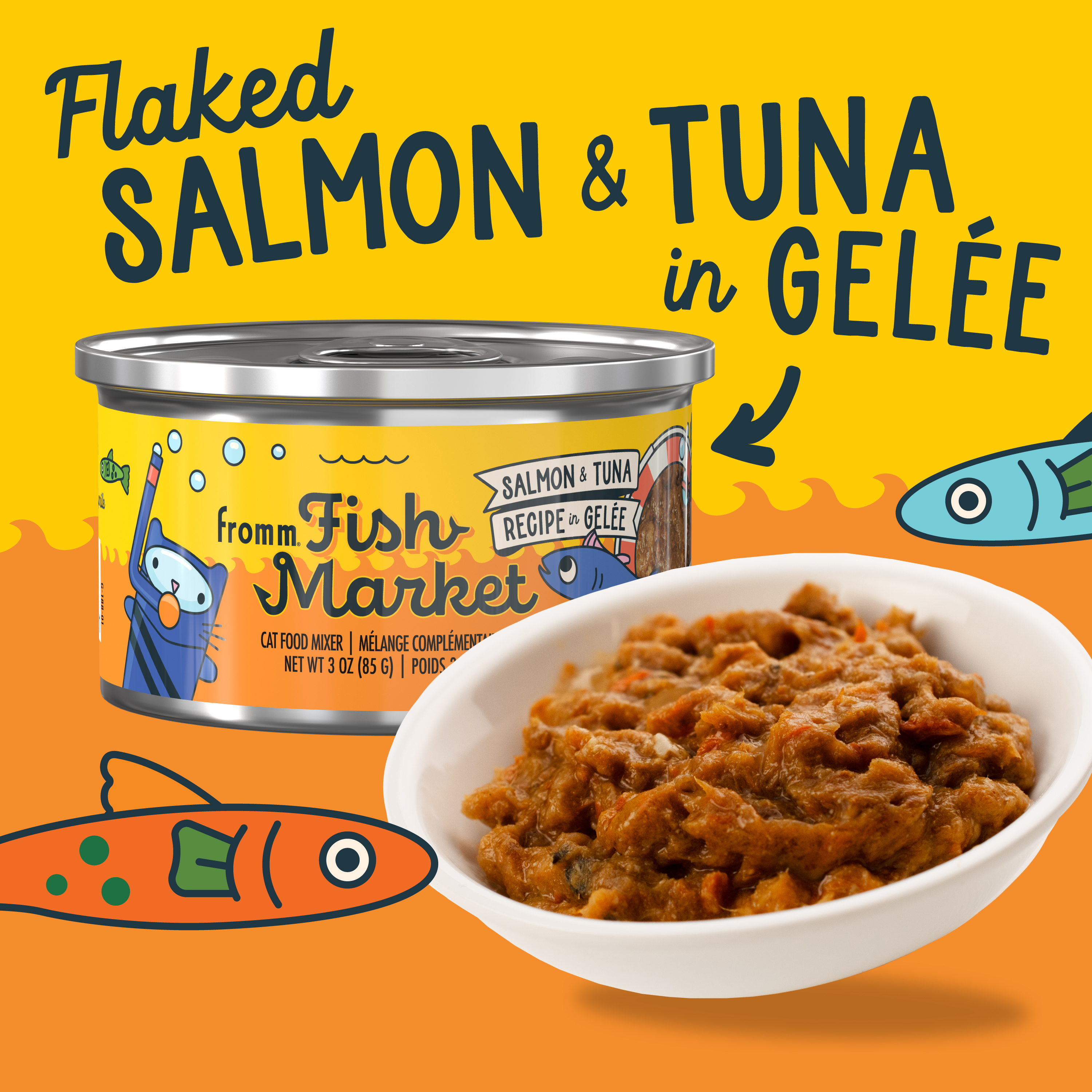 Fromm Fish Market. Salmon & Tuna Recipe in Gelée. A bowl of salmon & tuna recipe cat food in front of a small yellow can of cat food. yellow background and cartoon fish.