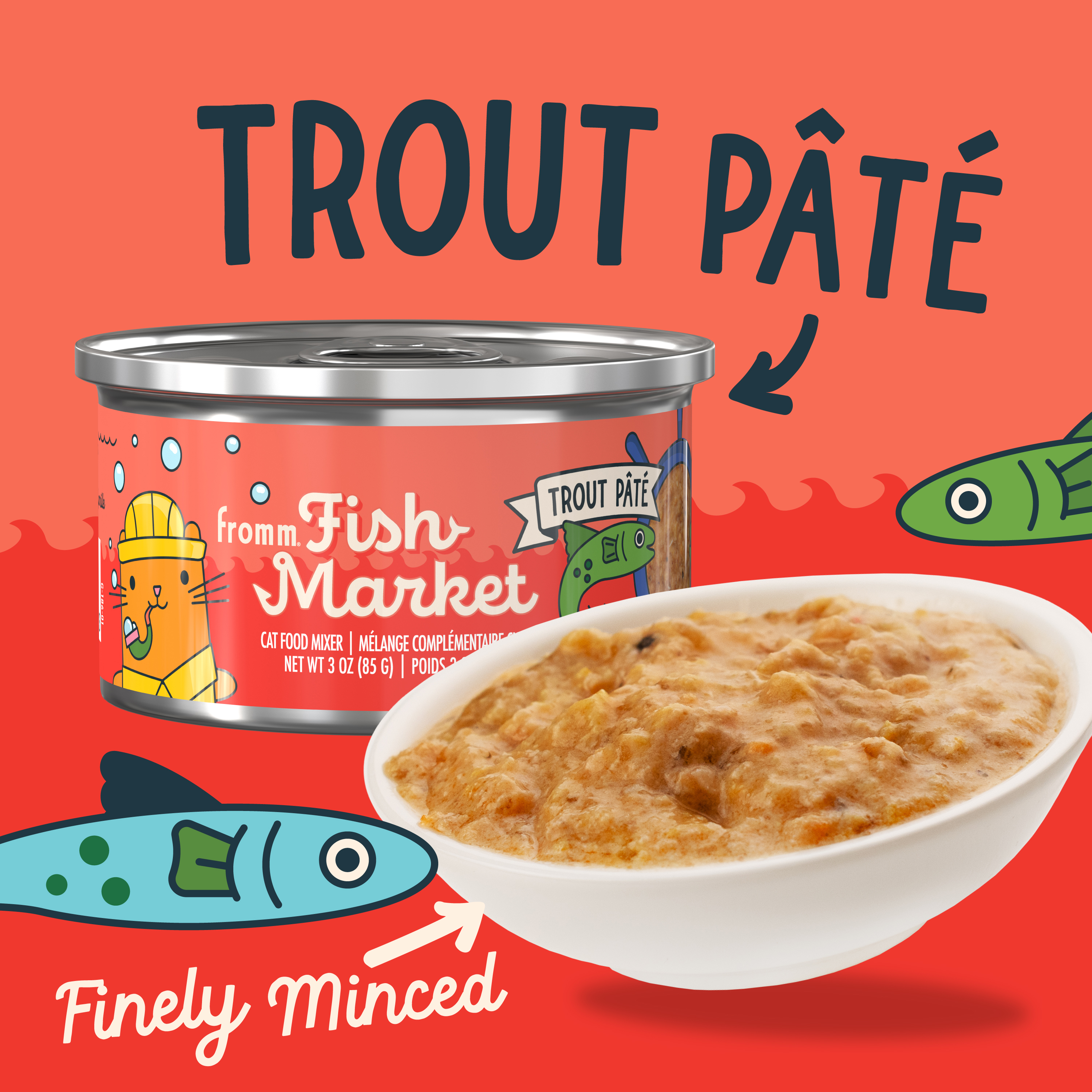Fromm Fish Market. Trout Pâté. A bowl of trout pâté cat food in front of a small light red can of cat food. Light red background and cartoon fish.