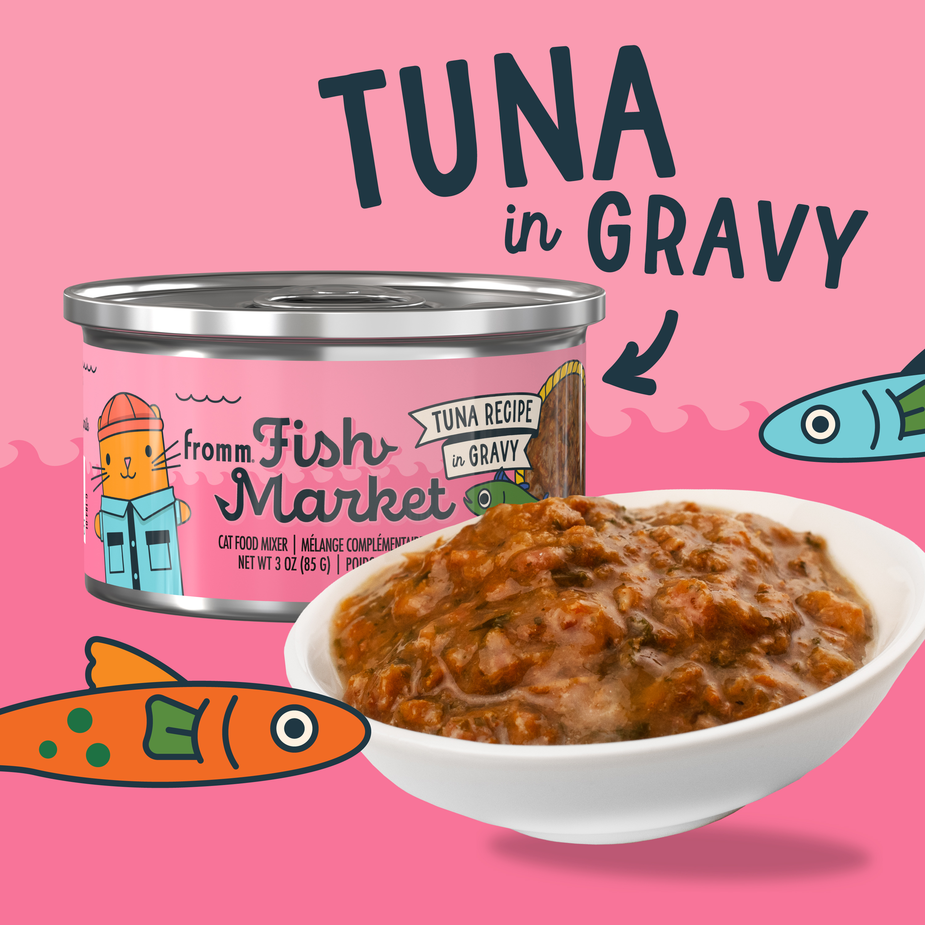 Fromm Fish Market. Tuna Recipe in Gravy. A bowl of tuna recipe cat food in front of a small pink can of cat food. Pink background and cartoon fish.