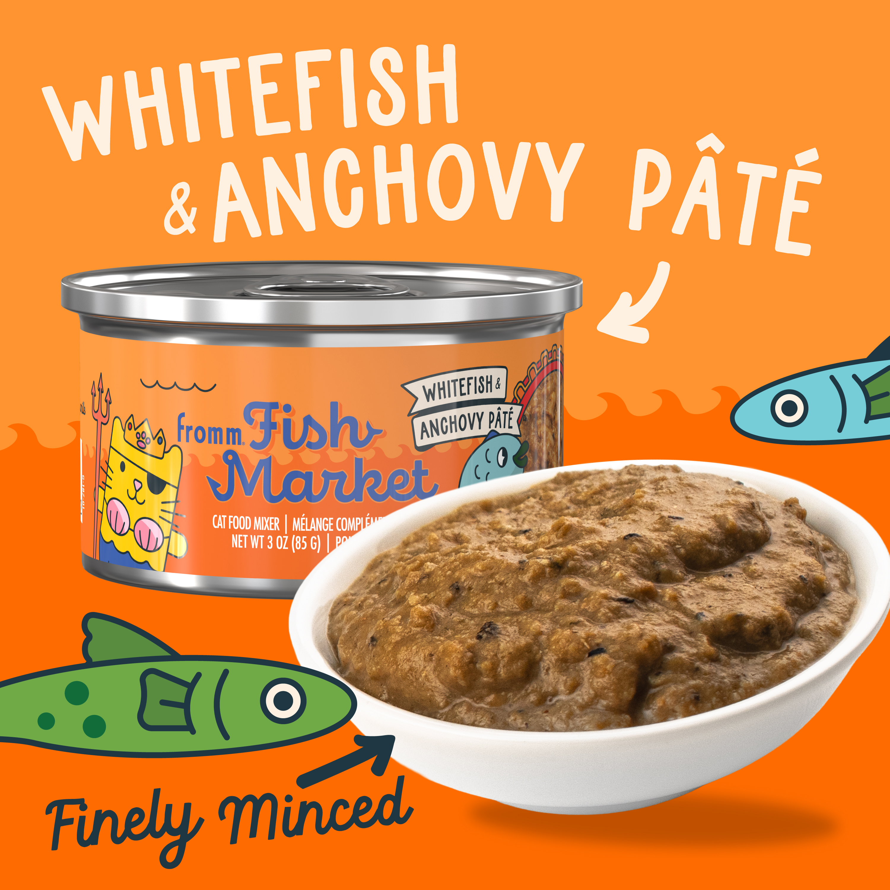 Fromm Fish Market. Whitefish & Anchovy Pâté. A bowl of whitefish & anchovy pâté cat food in front of a small orange can of cat food. Orange background and cartoon fish.