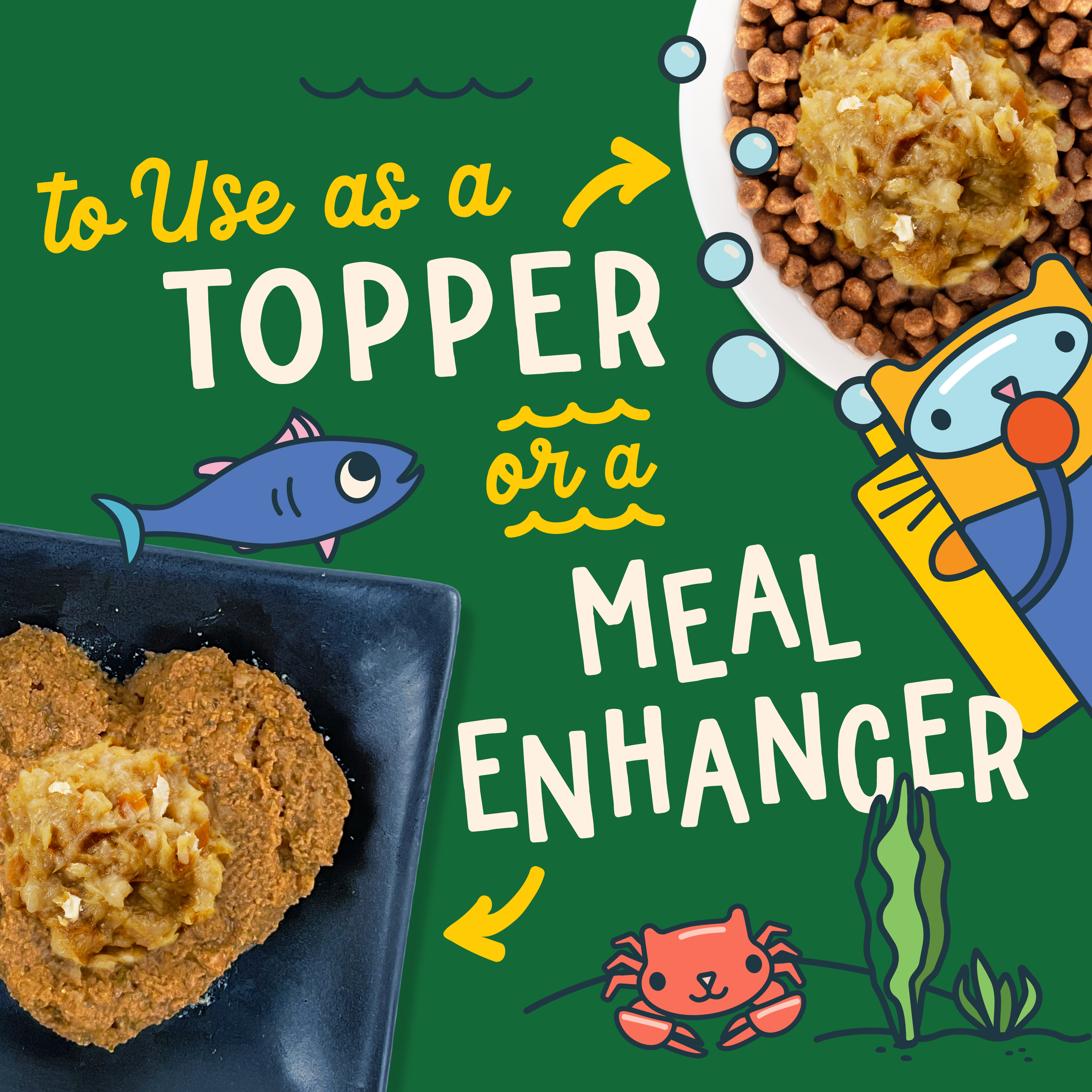 Images of dry and canned cat food with Fromm Fish Market Flaked Cod Recipe in Gelée Cat Food Mixer on top. To use as a topper or a meal enhancer. Cute cartoon cats and marine life on green background.