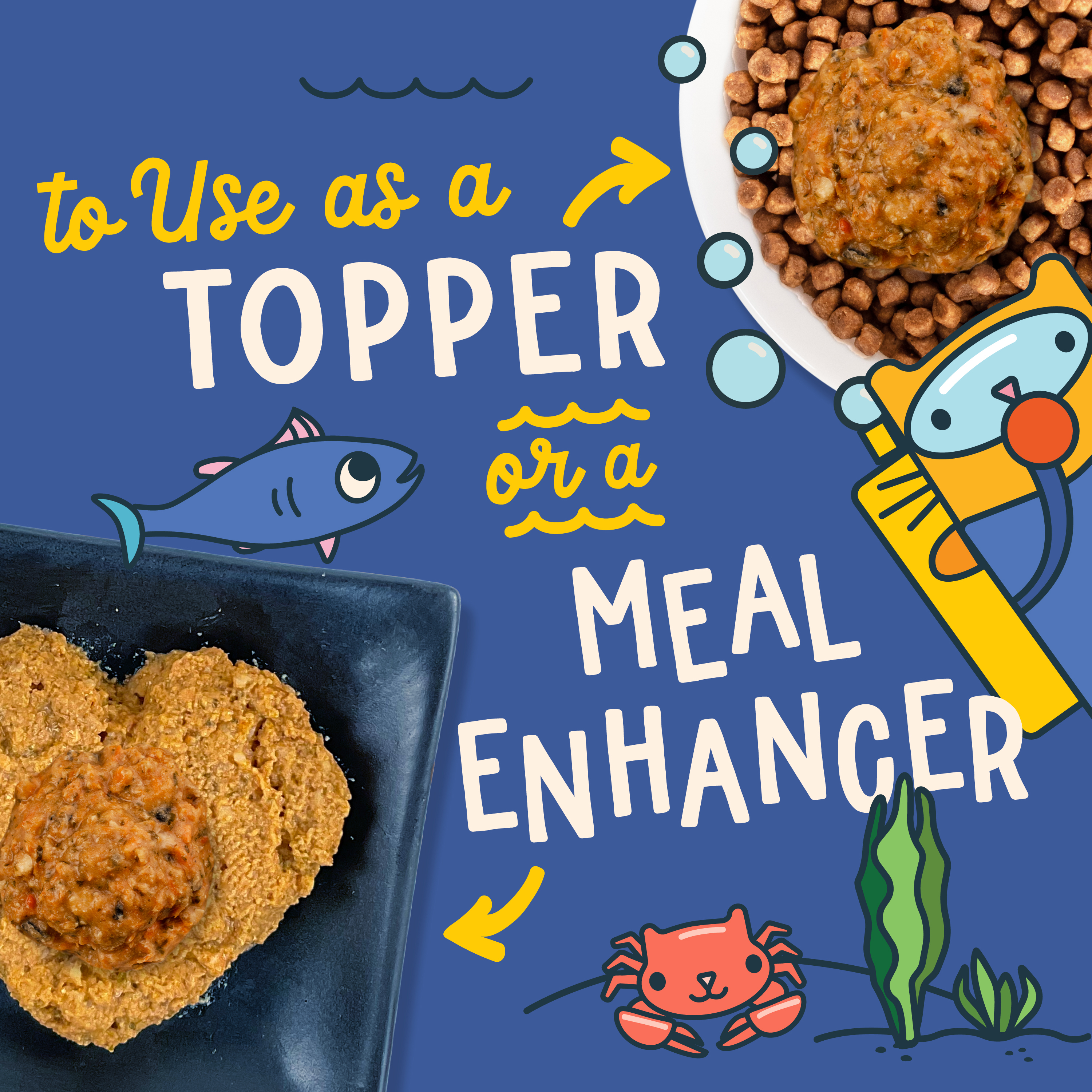 Images of dry and canned cat food with Fromm Fish Market Salmon & Shrimp Recipe in Gravy Cat Food Mixer on top. To use as a topper or a meal enhancer. Cute cartoon cats and marine life on blue background.