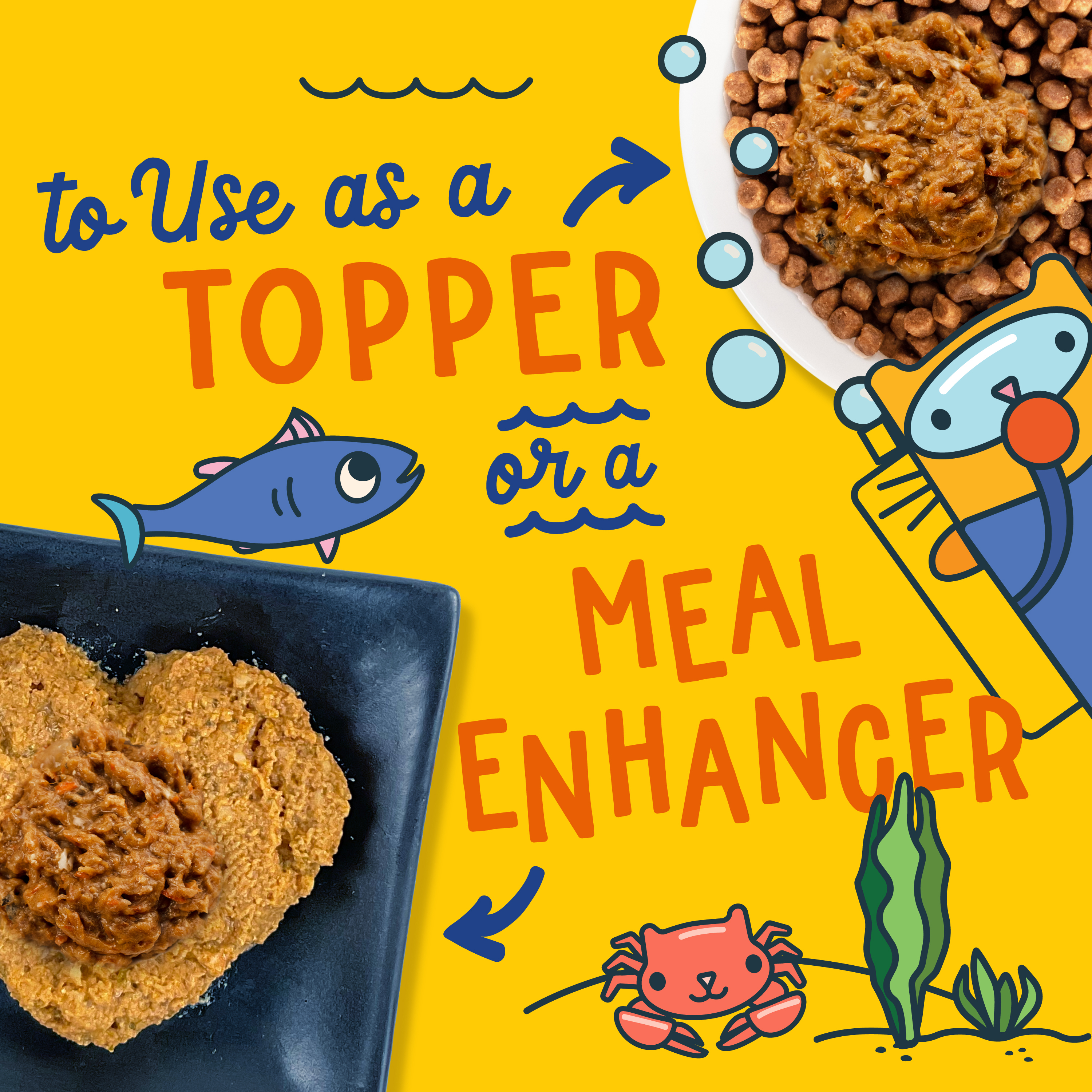 Images of dry and canned cat food with Fromm Fish Market Salmon & Tuna Recipe in Gelée Cat Food Mixer on top. To use as a topper or a meal enhancer. Cute cartoon cats and marine life on yellow background.