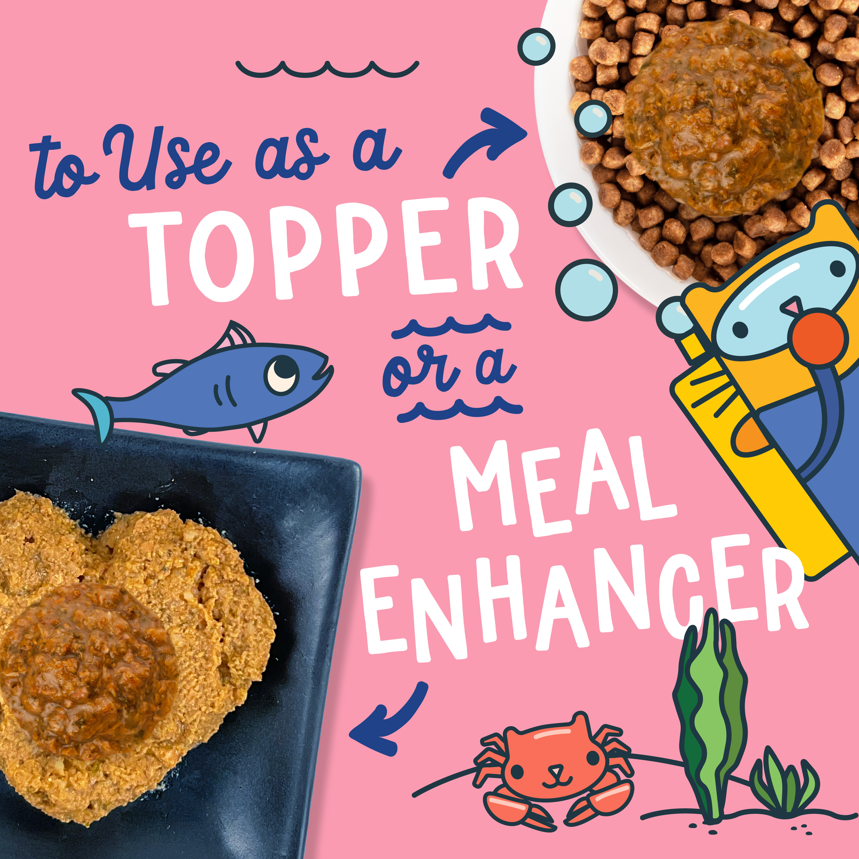 Images of dry and canned cat food with Fromm Fish Market Tuna Recipe in Gravy Cat Food Mixer on top. To use as a topper or a meal enhancer. Cute cartoon cats and marine life on pink background.