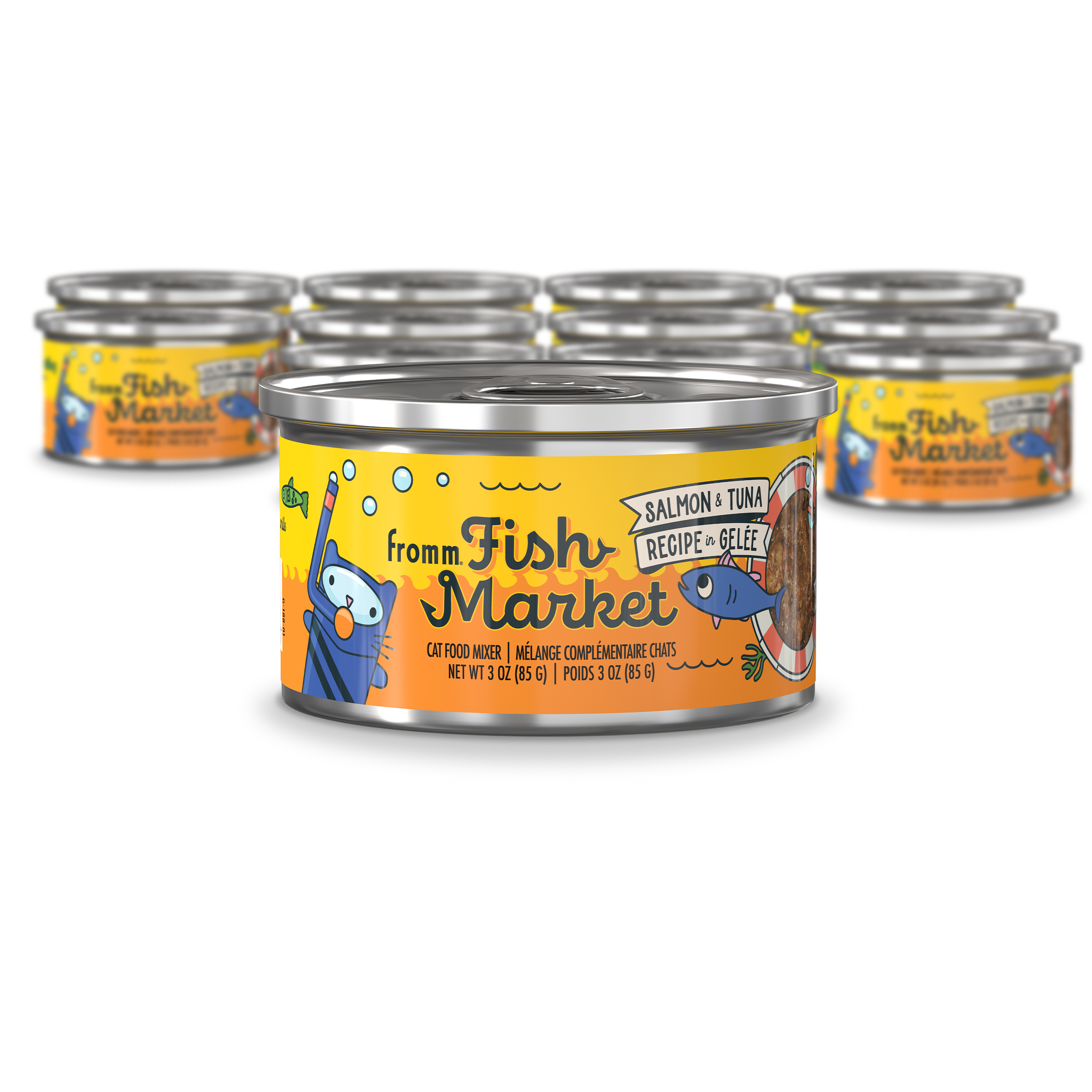 Fromm Fish Market Cat Food Mixer. A small yellow can of cat food in front of a group of cans. Salmon & Tuna Recipe in Gelée.