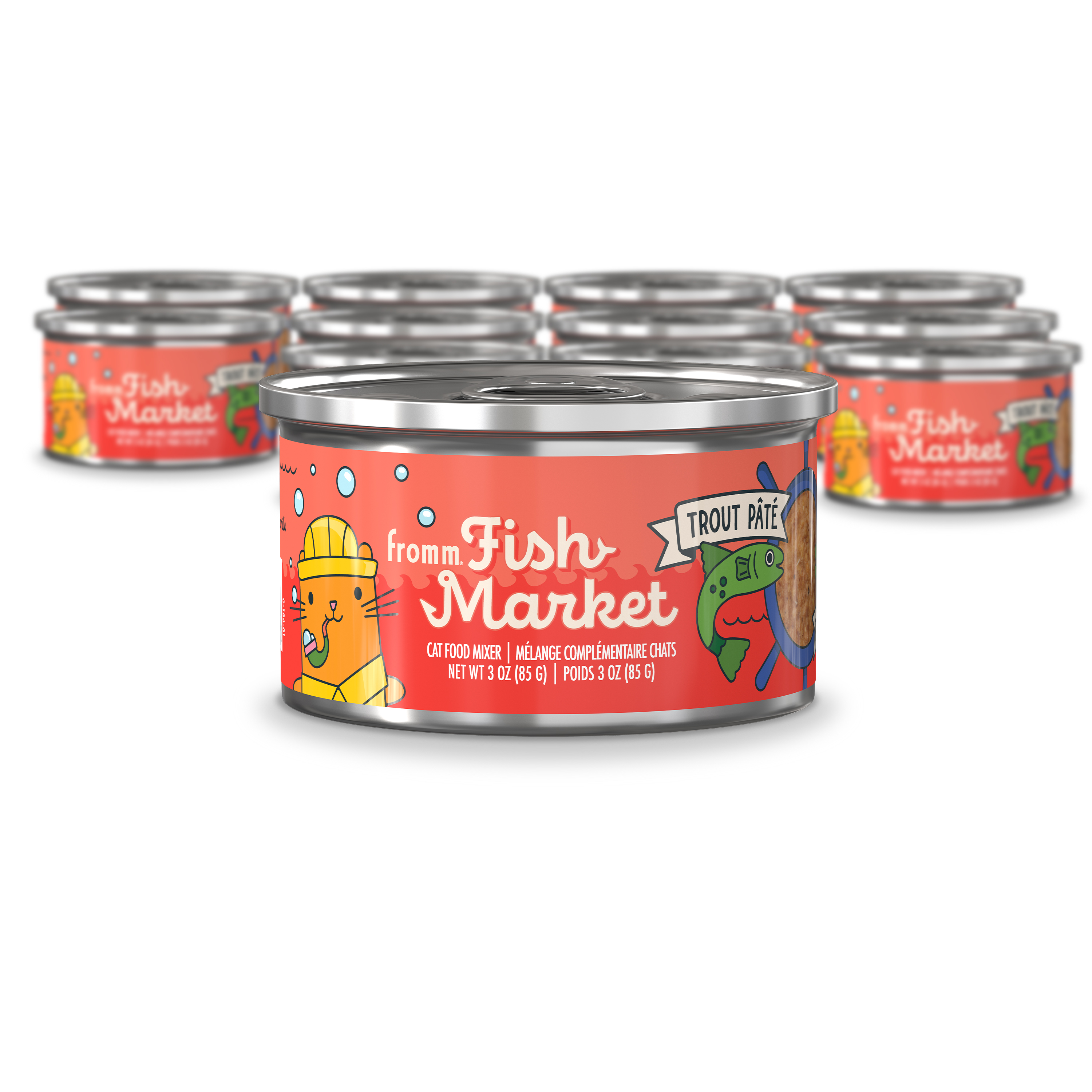 Fromm Fish Market Cat Food Mixer. A small light red can of cat food in front of a group of cans. Trout Pâté.
