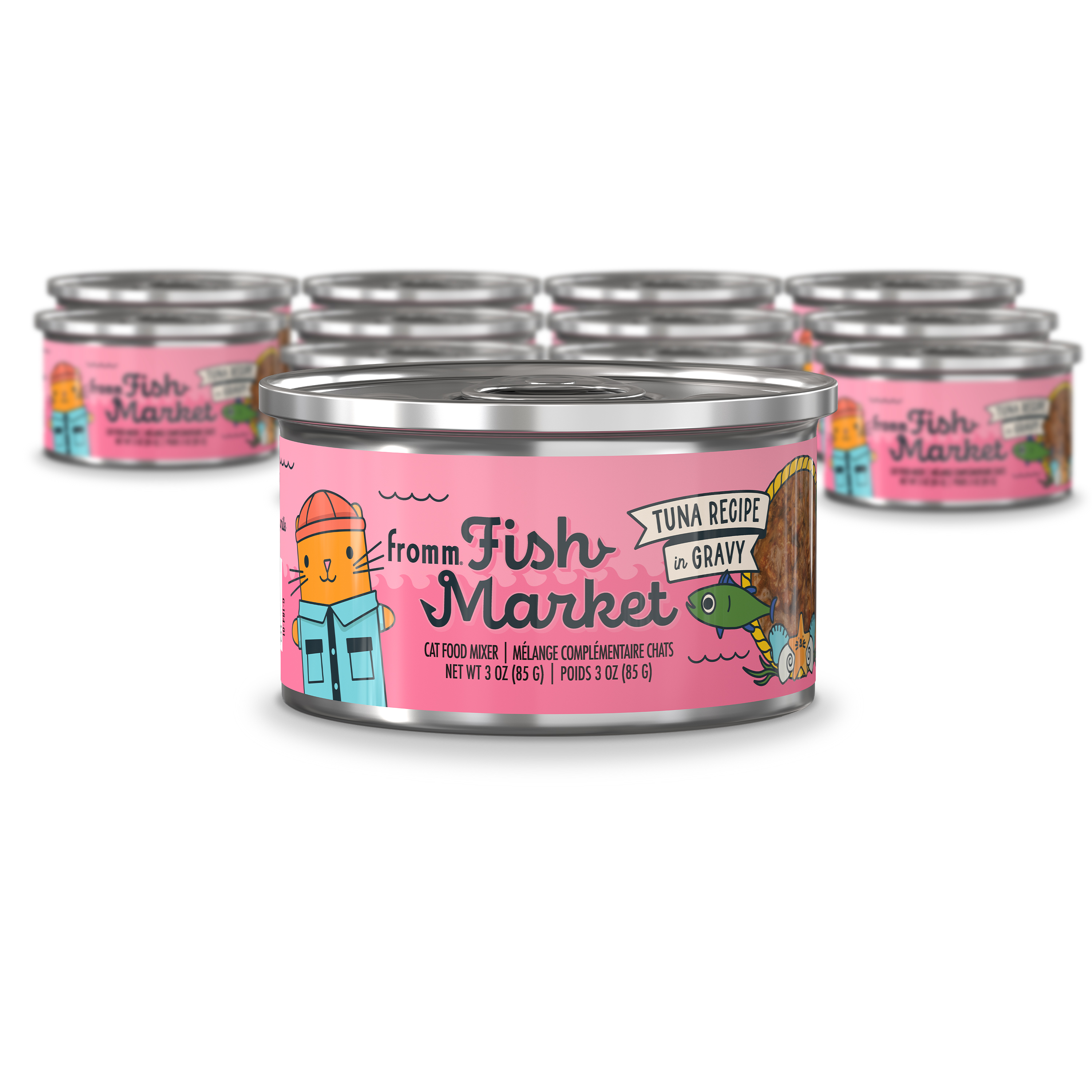 Fromm Fish Market Cat Food Mixer. A small pink can of cat food in front of a group of cans. Tuna Recipe in Gravy.