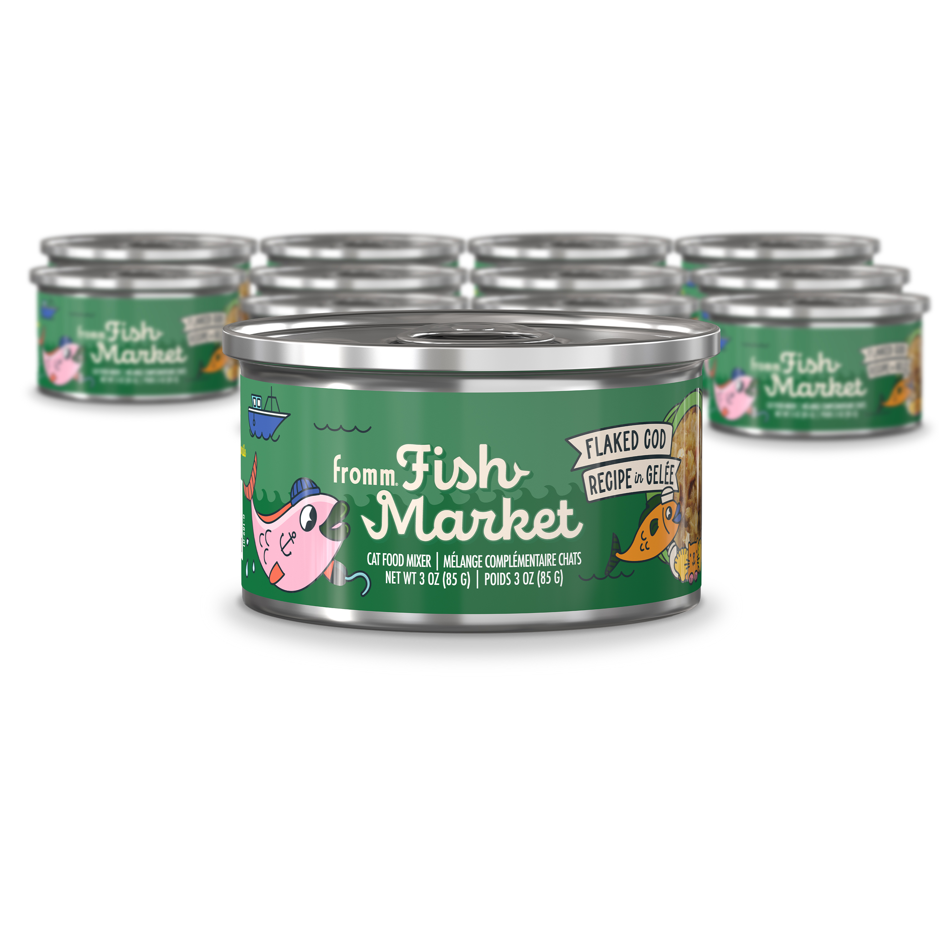 Fromm Fish Market Cat Food Mixer. A small green can of cat food in front of a group of cans. Flaked Cod Recipe in Gelée.
