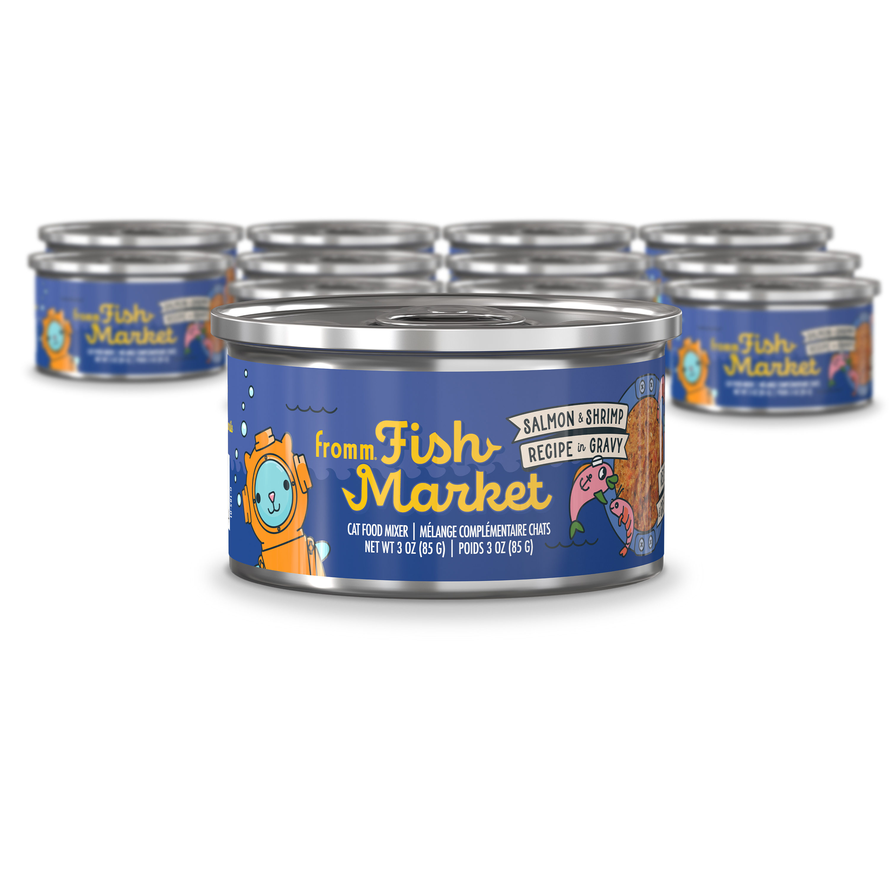 Fromm Fish Market Cat Food Mixer. A small blue can of cat food in front of a group of cans. Salmon & Shrimp Recipe in Gravy.