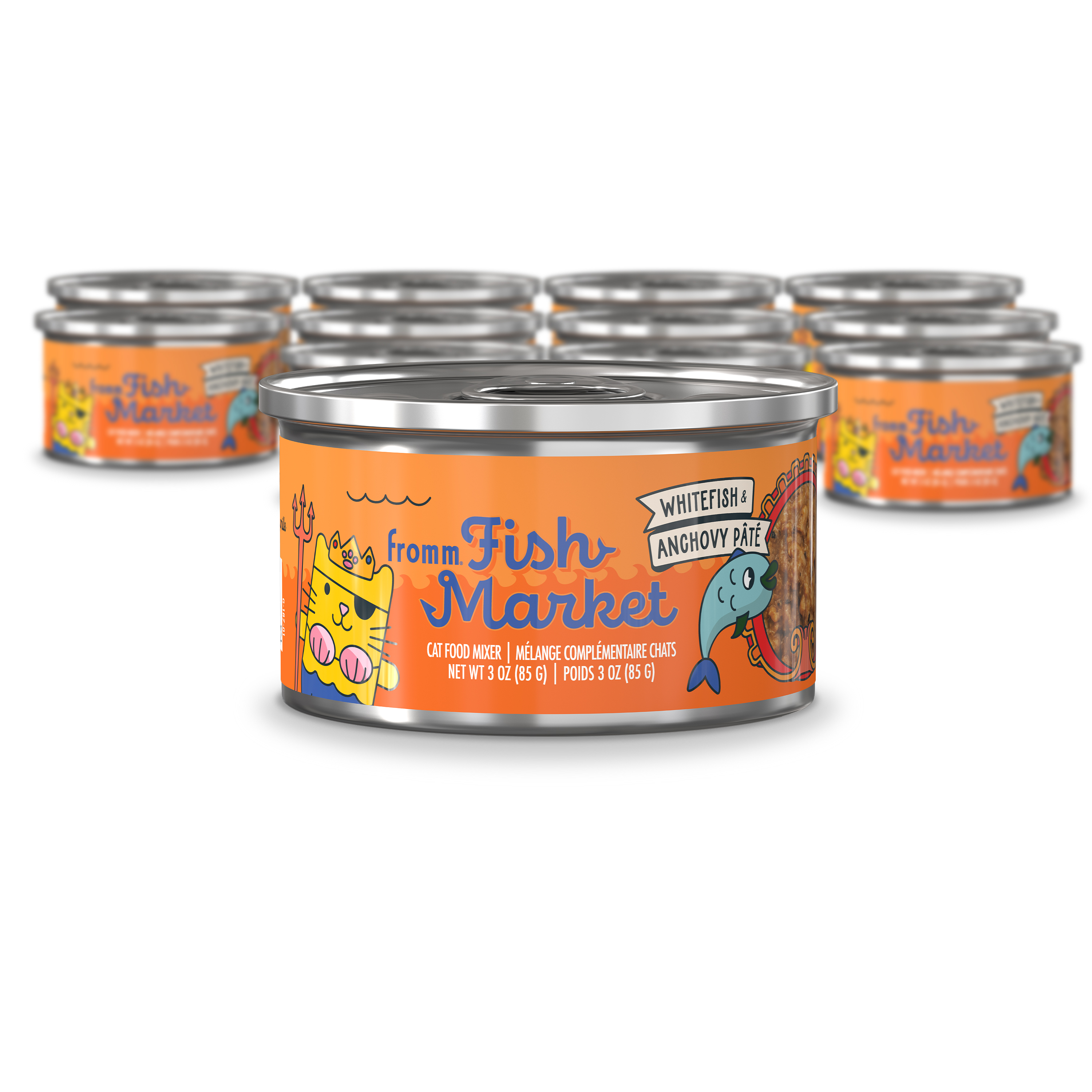 Fromm Fish Market Cat Food Mixer. A small orange can of cat food in front of a group of cans. Whitefish & Anchovy Pâté.