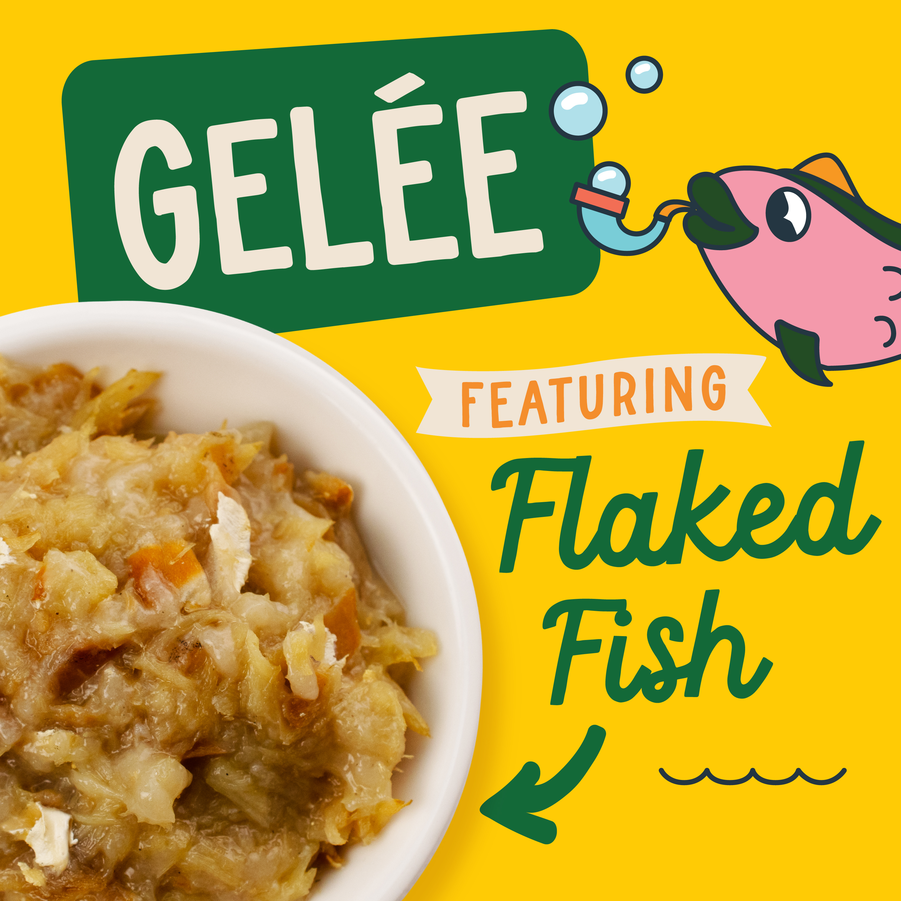 Fromm Fish Market Cat Food Mixers. Gelée Variety Pack featuring flaked fish. Image of gelée cat food mixer in a white bowl. Cute cartoon fish on yellow background.