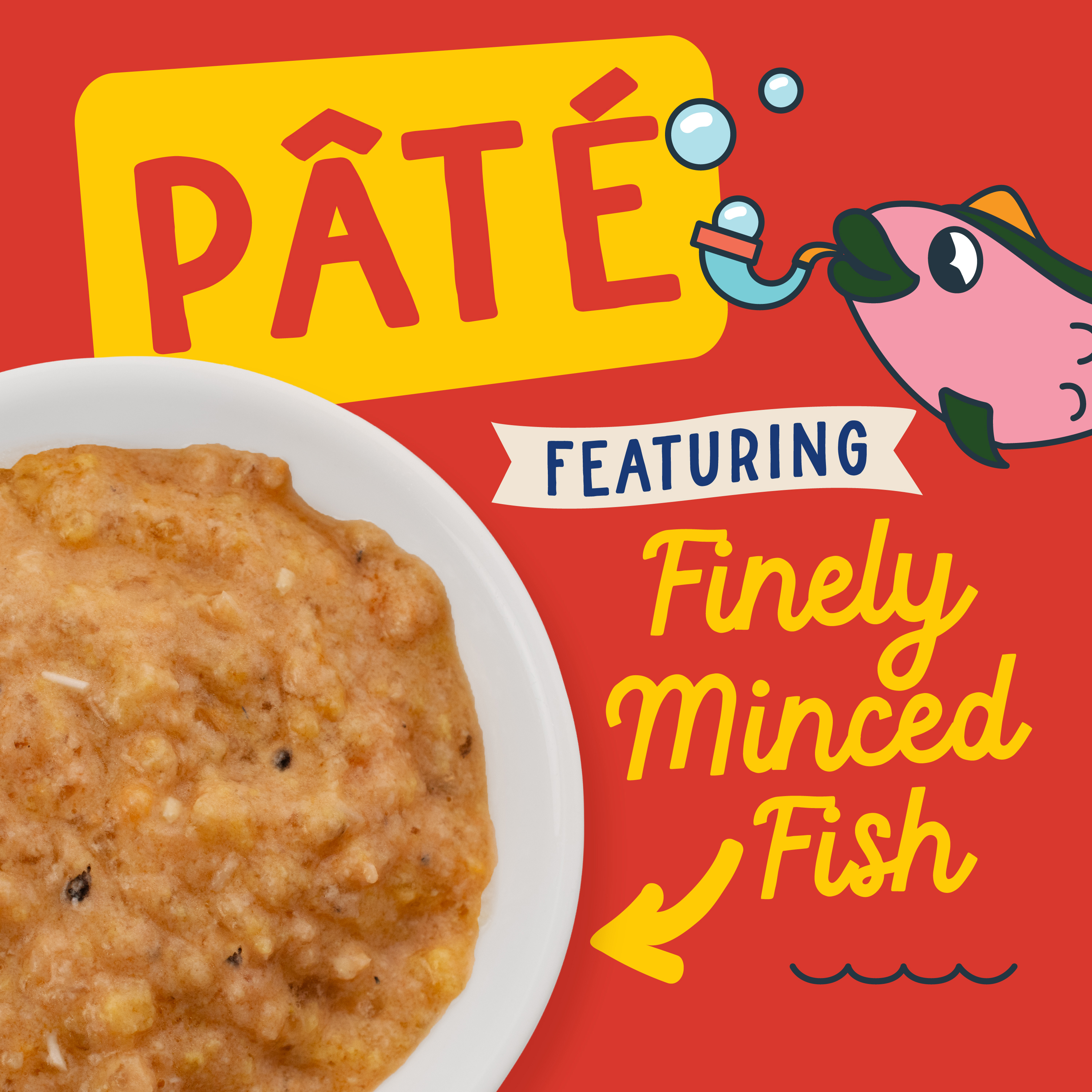 Fromm Fish Market Cat Food Mixers. Pâté Variety Pack featuring finely minced fish. Image of pâté cat food mixer in a white bowl. Cute cartoon fish on red background.