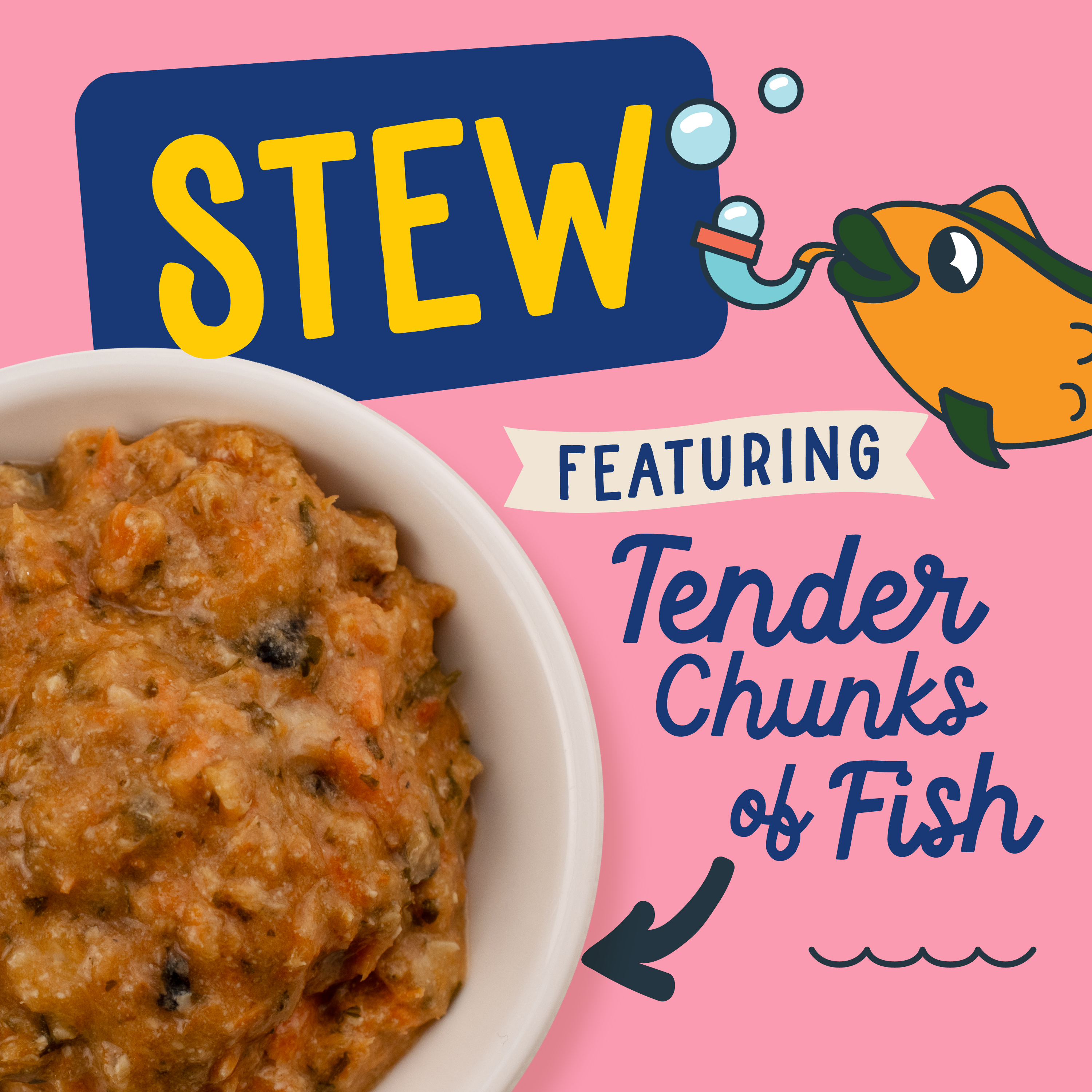 Fromm Fish Market Cat Food Mixers. Stew Variety Pack featuring tender chunks of fish. Image of stew cat food mixer in a white bowl. Cute cartoon fish on pink background.