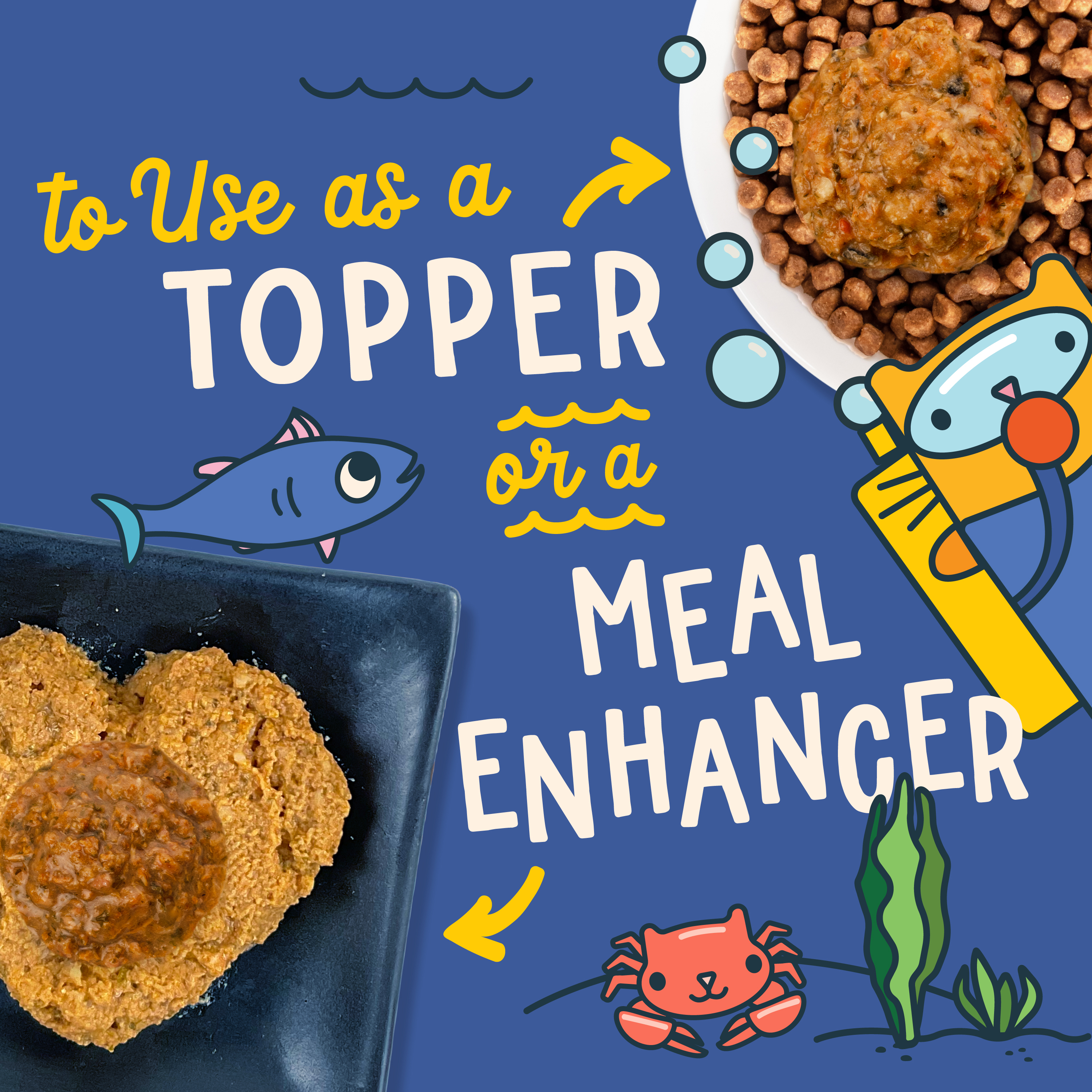 Images of dry and canned cat food with Fromm Fish Market Stew Recipe Cat Food Mixers on top. To use as a topper or a meal enhancer. Cute cartoon cats and marine life on blue background.