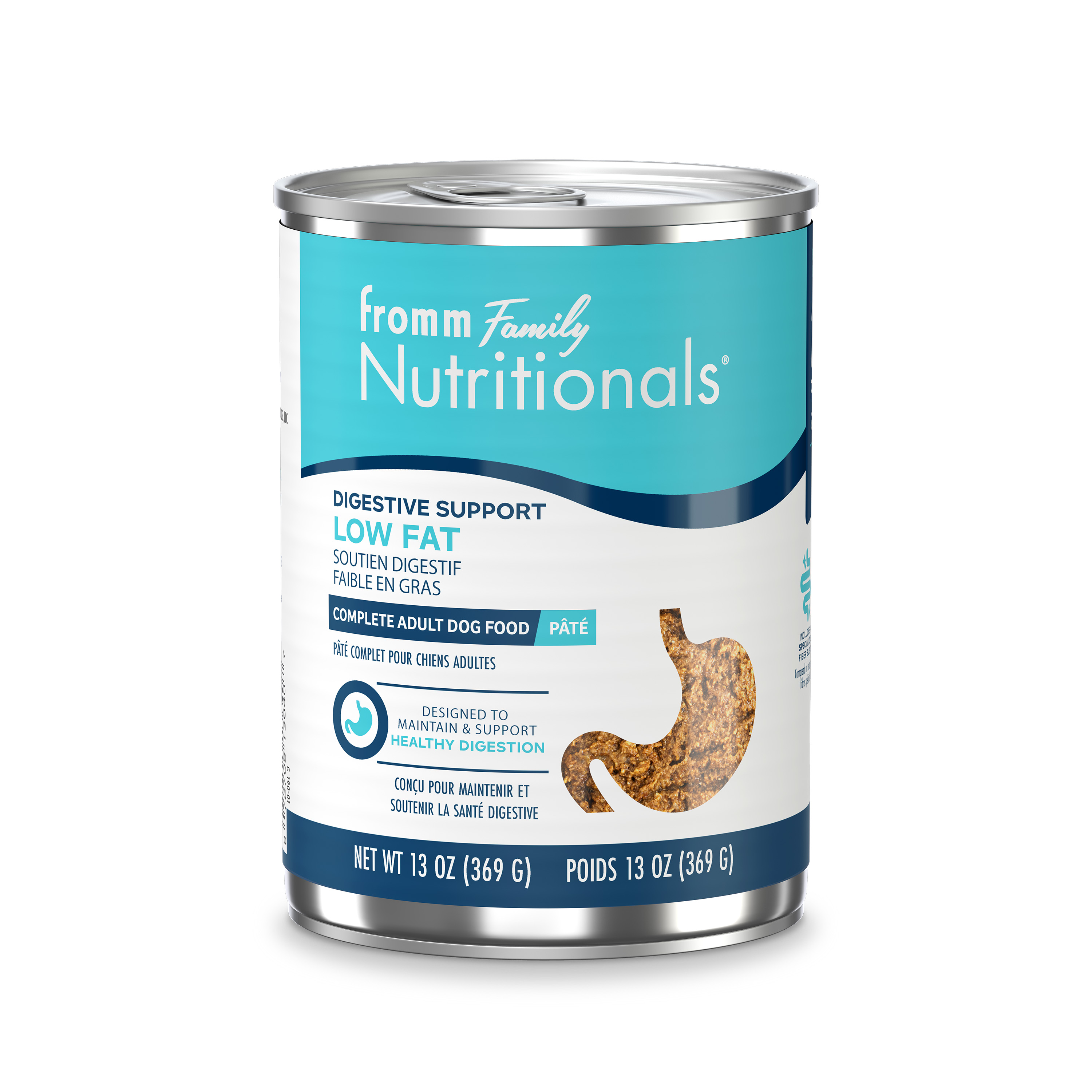 A single can of wet dog food. Fromm Family Nutritionals Digestive Low Fat. A white and blue can with text and a stomach logo.