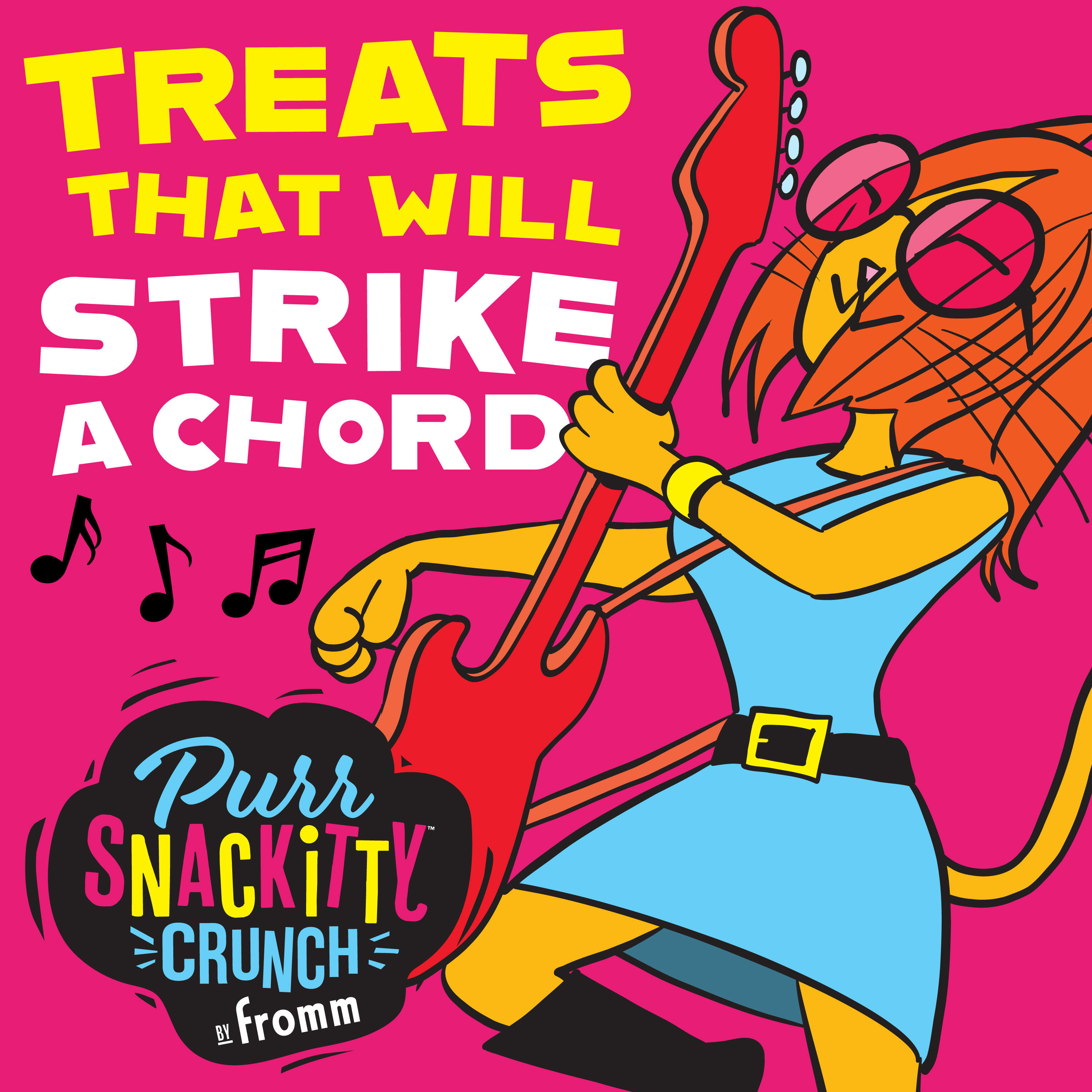 Fromm PurrSnackitty Crunch Cat Treats. Treats that will strike a chord. An orange cat with pink glasses playing the bass.