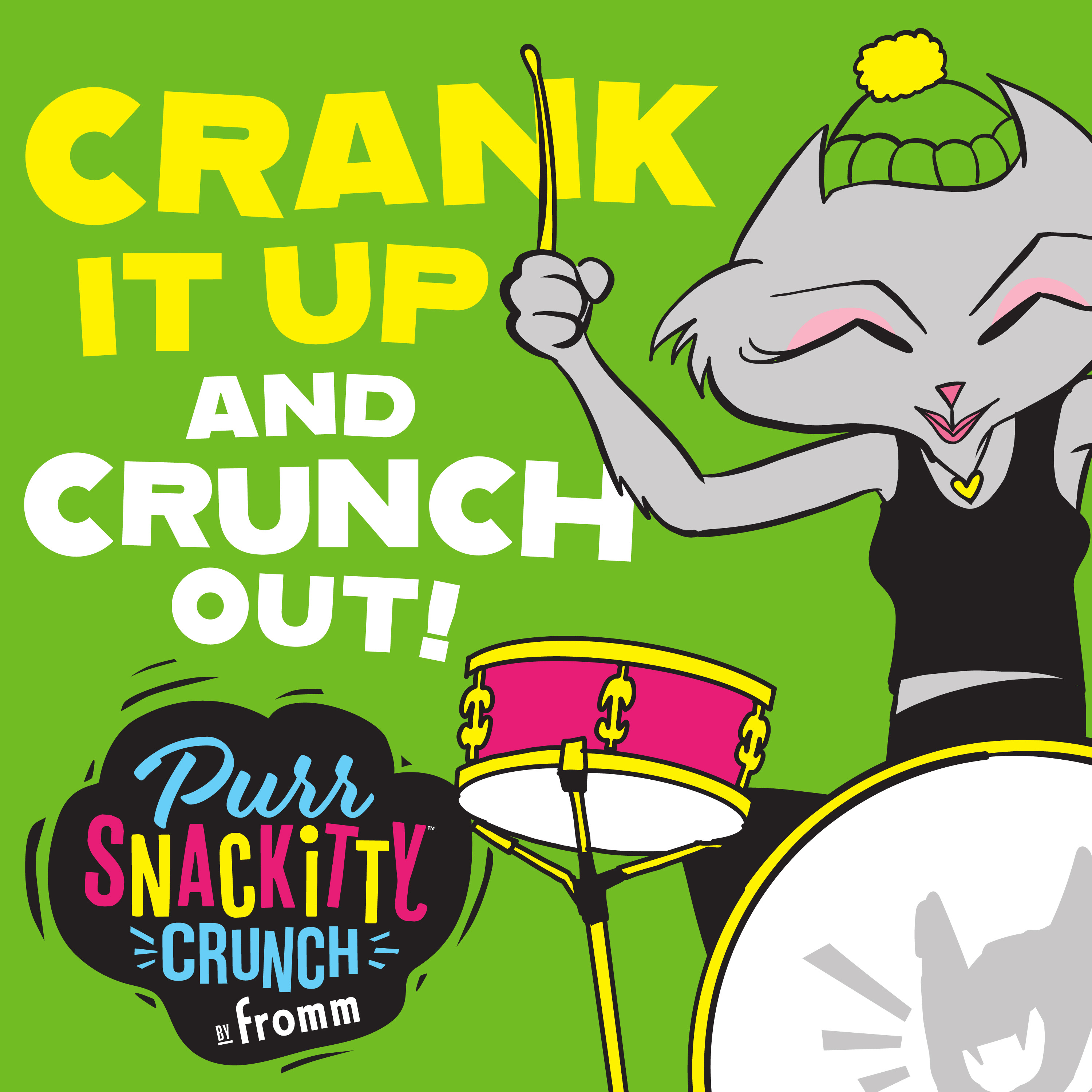 Fromm PurrSnackitty Cat Treats. Crank it up and CRUNCH it out! A gray cartoon cat playing the drums.