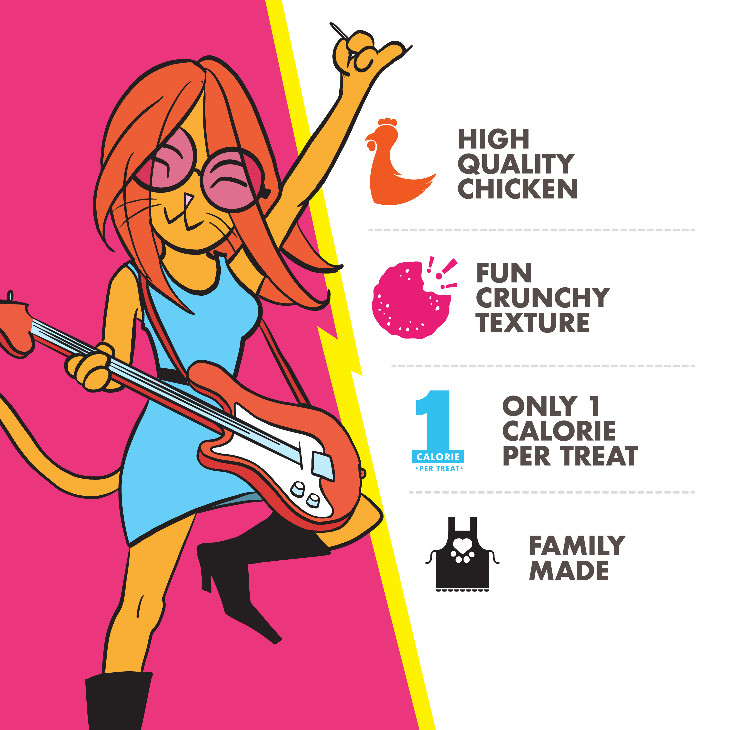 Product attributes and features with colorful icons. An orange cartoon cat with pink glasses playing the bass. High quality chicken. Fun crunchy texture. Only 1 calorie per treat. Family made.