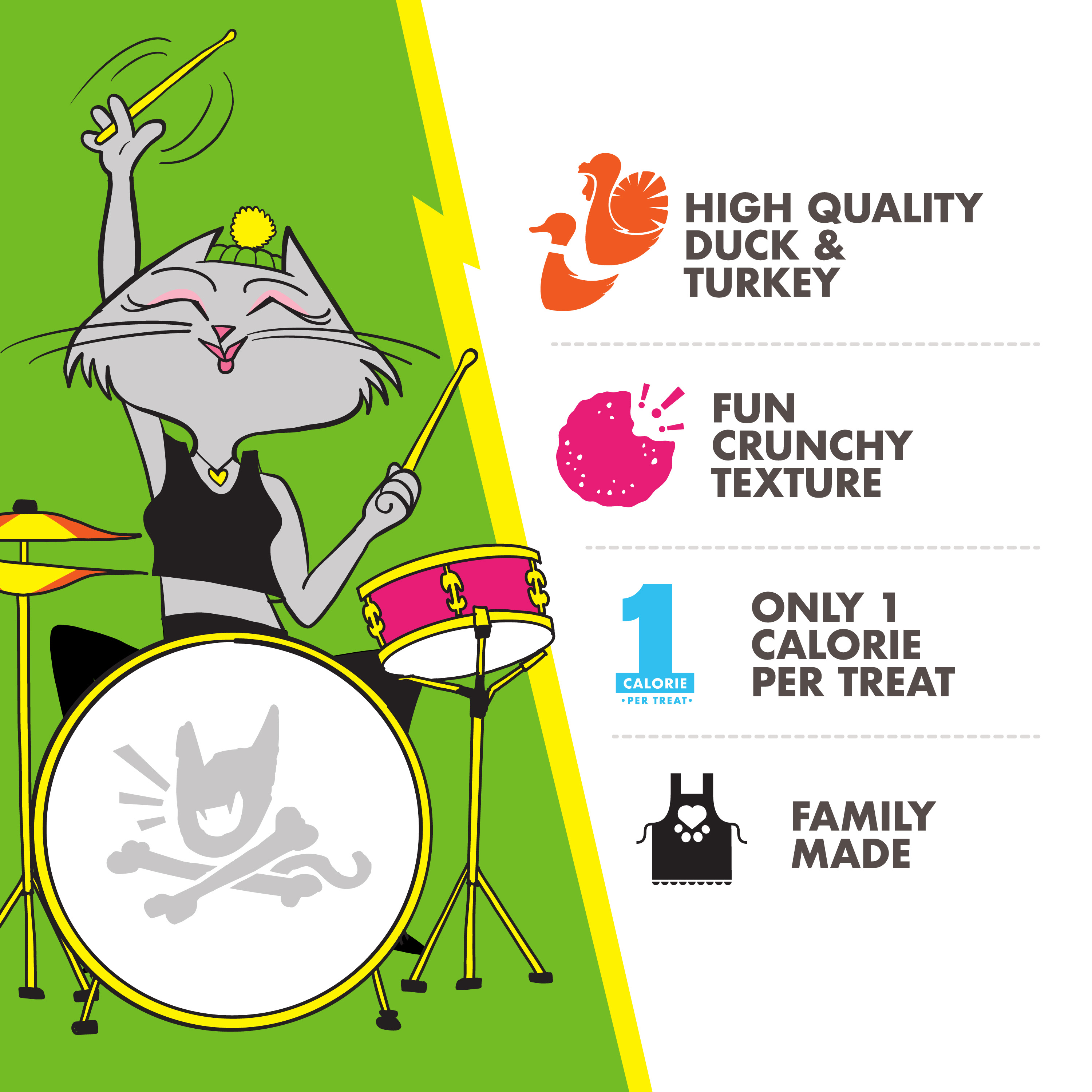 Product attributes and features with colorful icons. A gray cartoon cat playing the drums. High quality duck & turkey. Fun crunchy texture. Only 1 calorie per treat. Family made.