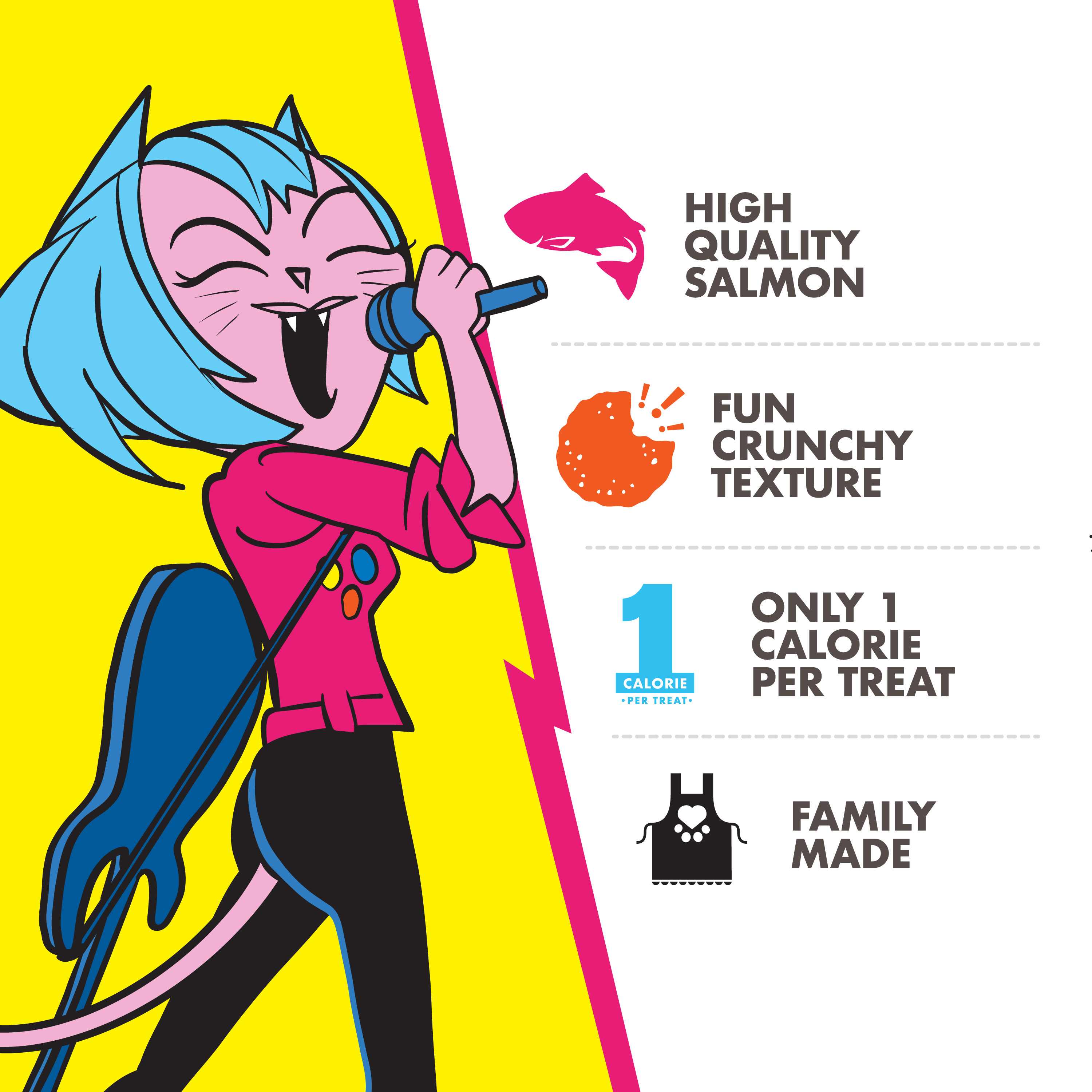 Product attributes and features with colorful icons. A gray cartoon cat playing the drums. High quality salmon. Fun crunchy texture. Only 1 calorie per treat. Family made.