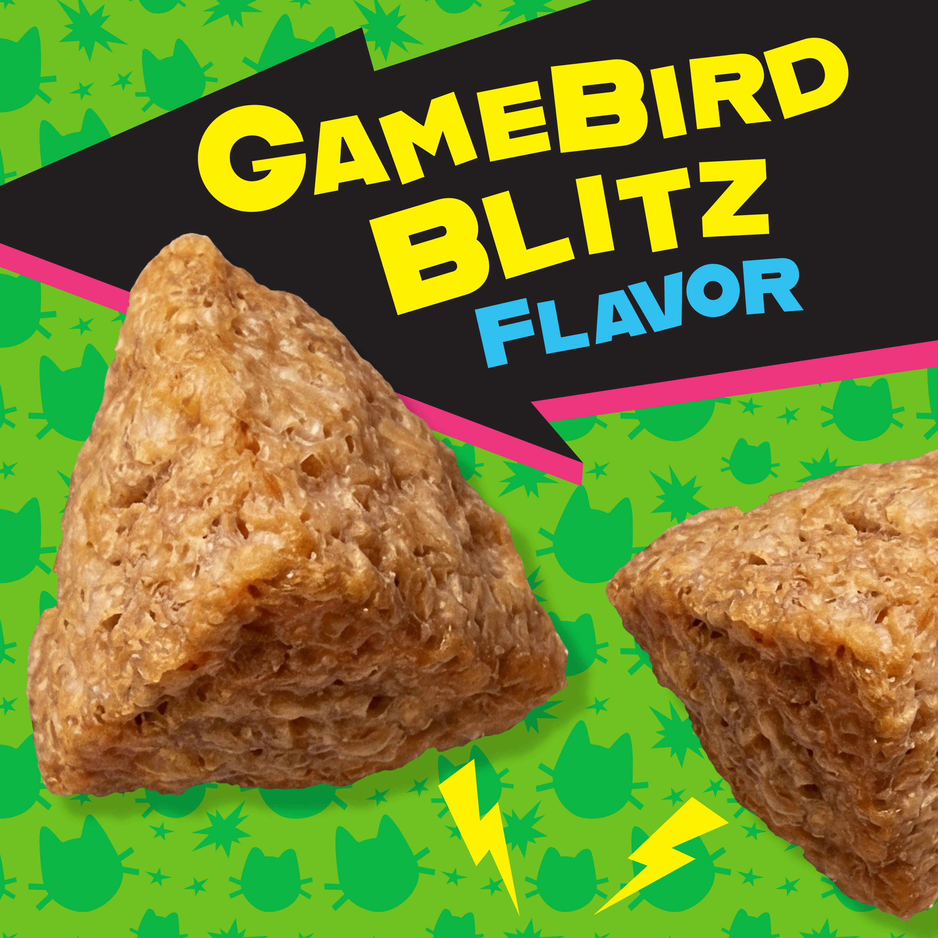 Gamebird Blitz Flavor. Enlarged image of cat treat with a bright green patterned background.