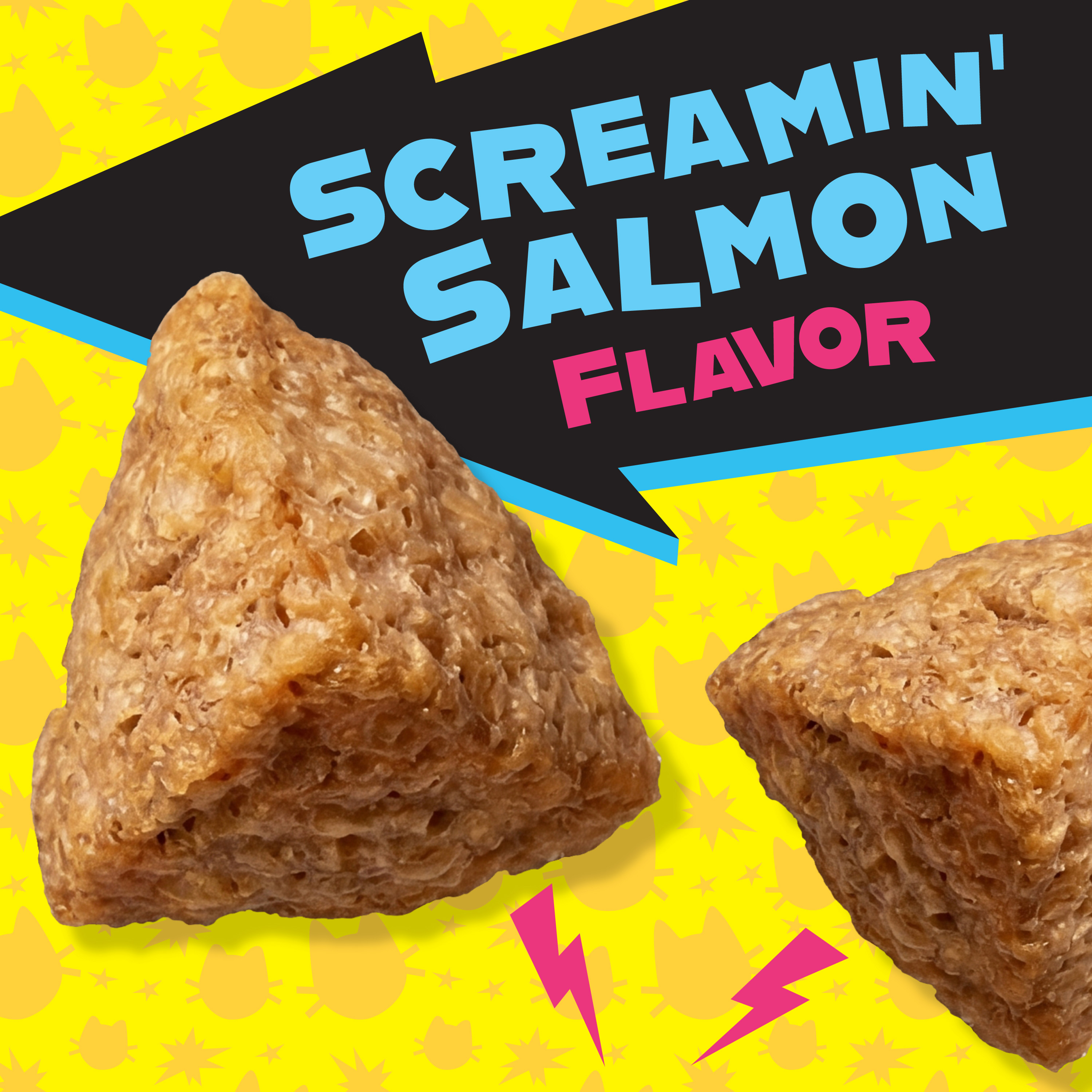 Screamin' Salmon Flavor. Enlarged image of cat treat with a bright green patterned background.
