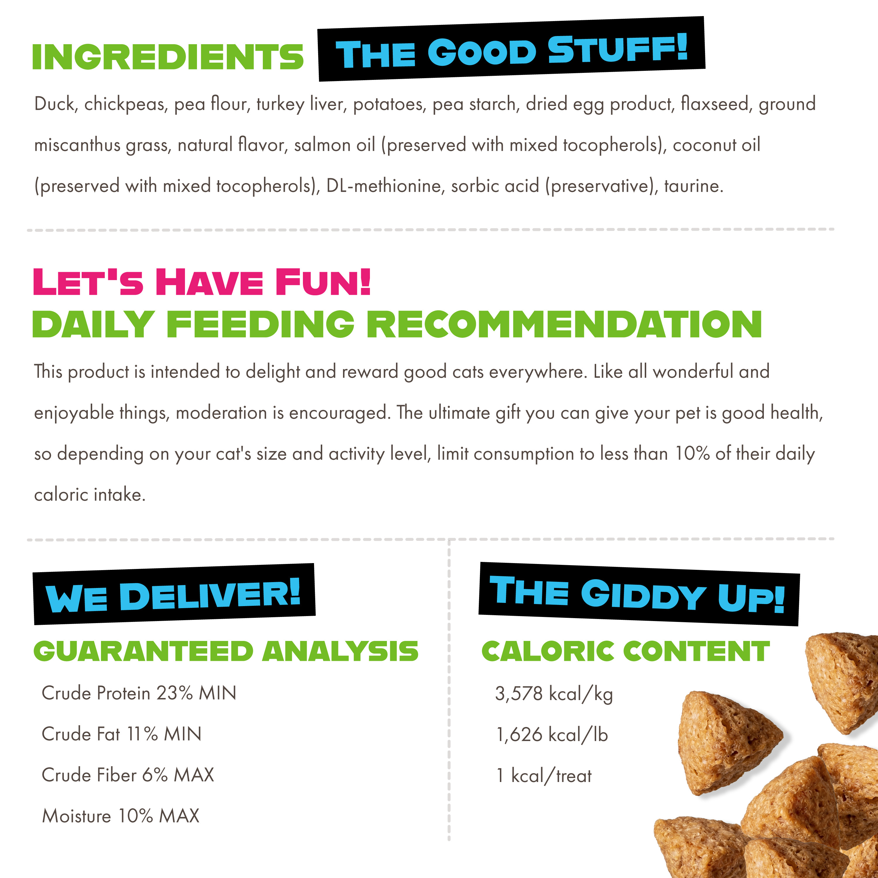 Technical information about Gamebird Blitz Crunchy Cat Treats. Ingredients, Feeding Recommendations, Calories, General Analysis.