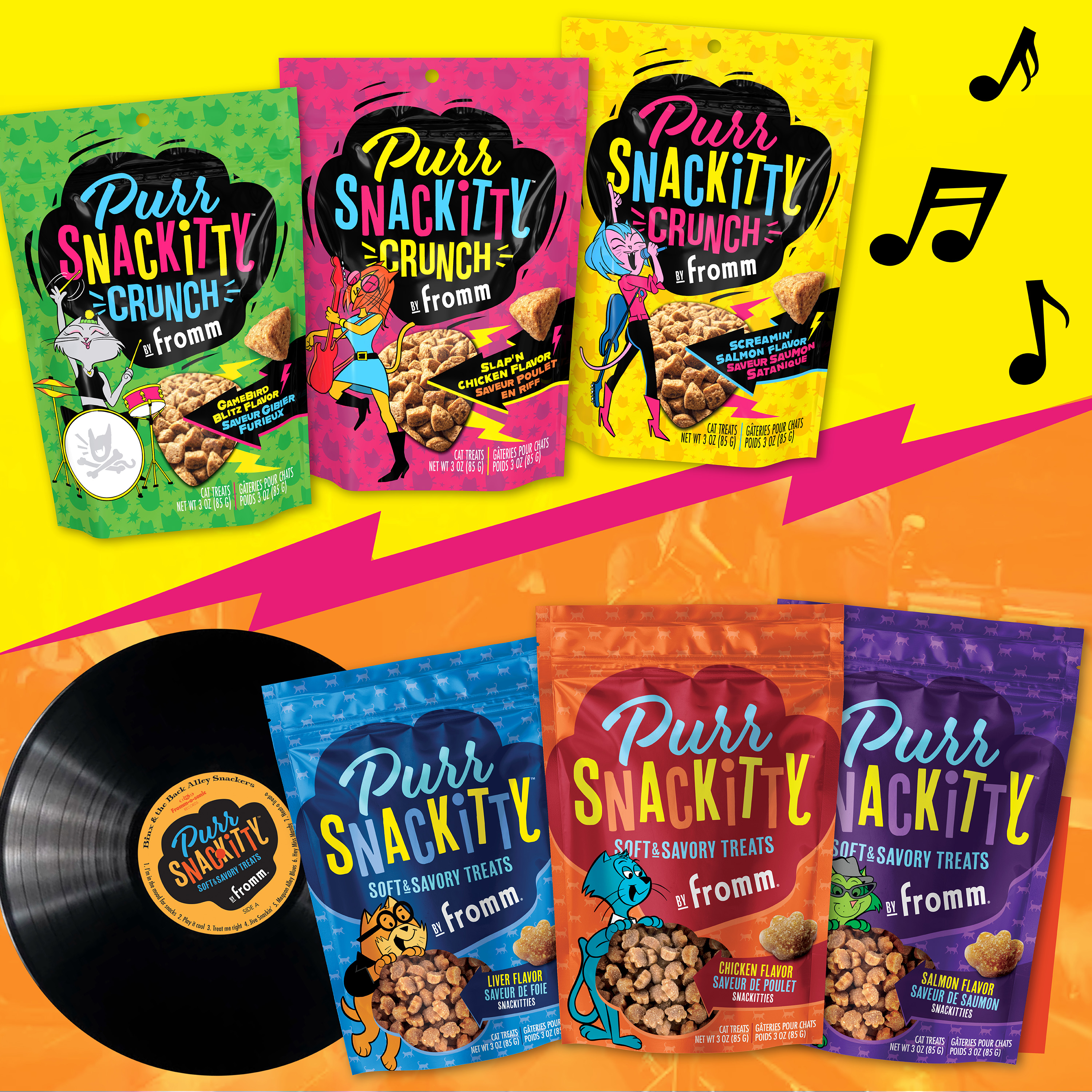 Fromm PurrSnacktty Cat Treats. NEW Crunchy variety. Soft and savory variety. Two groups of three colorful packages of cat treats. Yellow and orange background.