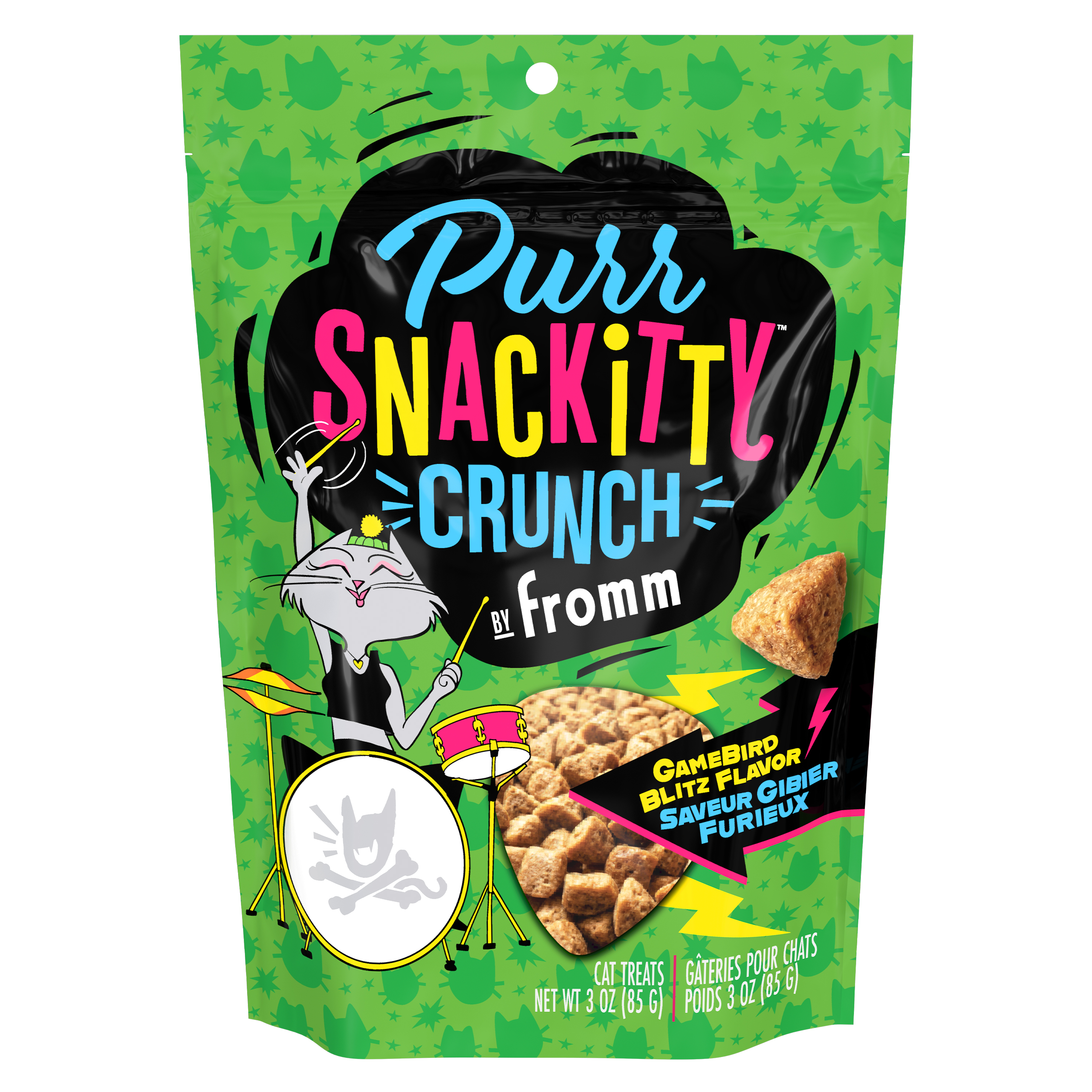 PurSnackitty Crunch Cat Treats by Fromm. A bright green bag of cat treats with a colorful logo on the front. Gray cartoon cat playing the drums. Gamebird Blitz Flavor.