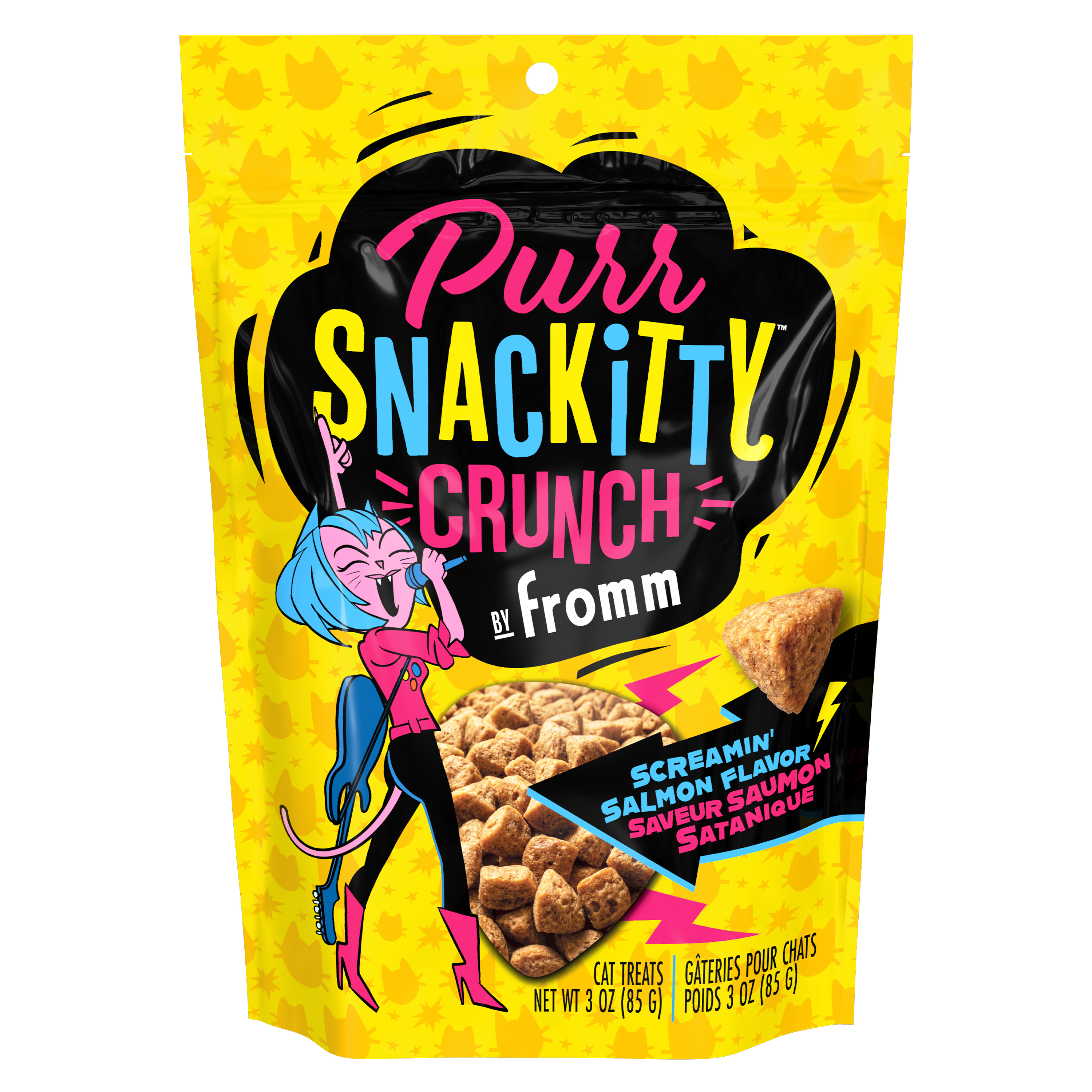 PurSnackitty Crunch Cat Treats by Fromm. A bright yellow bag of cat treats with a colorful logo on the front. Pink cartoon cat singing into a microphone. Screamin' Salmon Flavor.