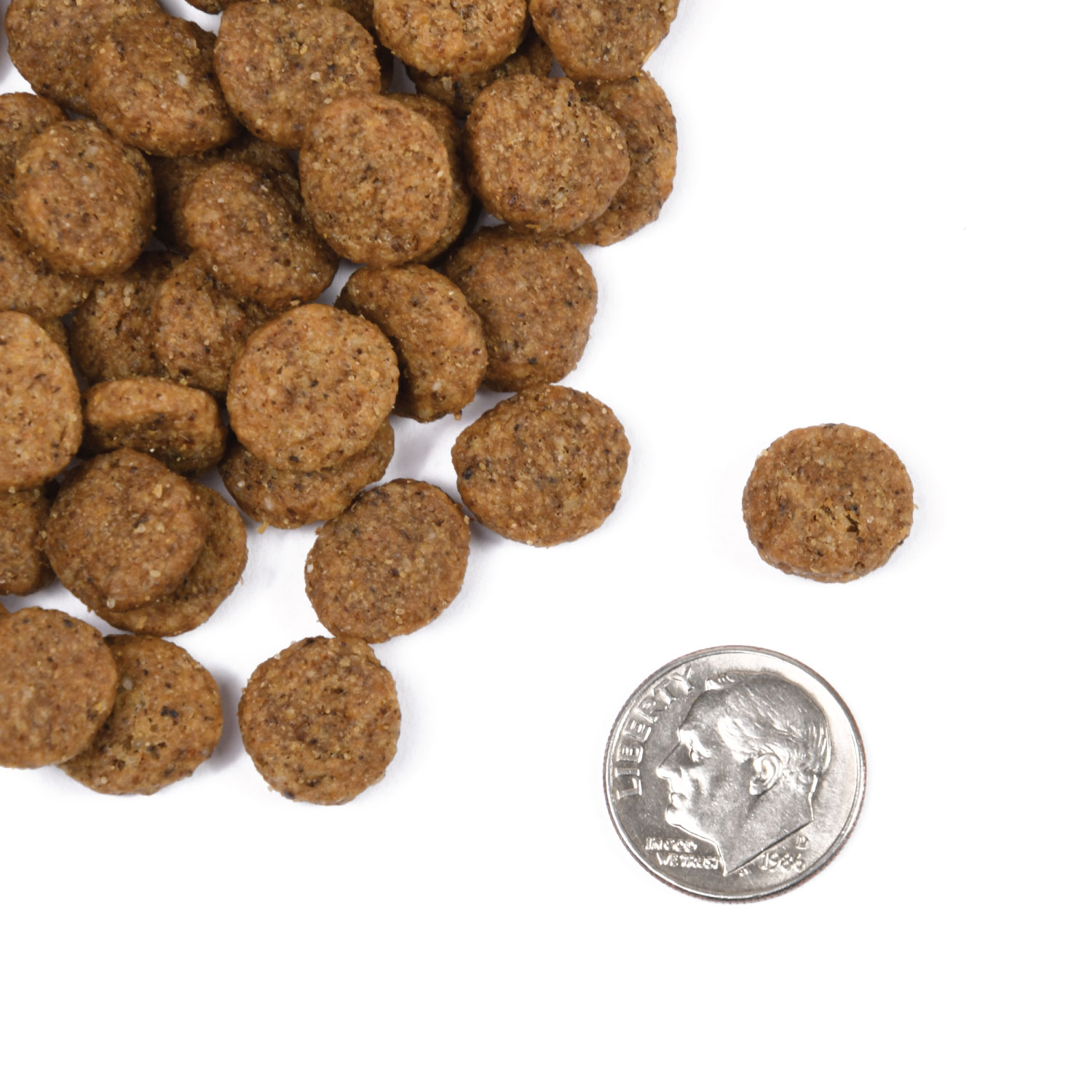 A small pile of Classic Mature Adult kibble next to a dime for scale