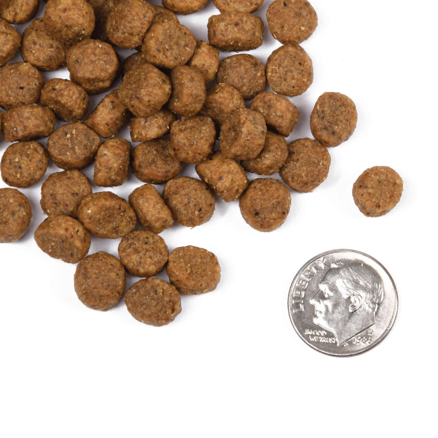 A small pile of Classic Puppy kibble next to a dime for scale