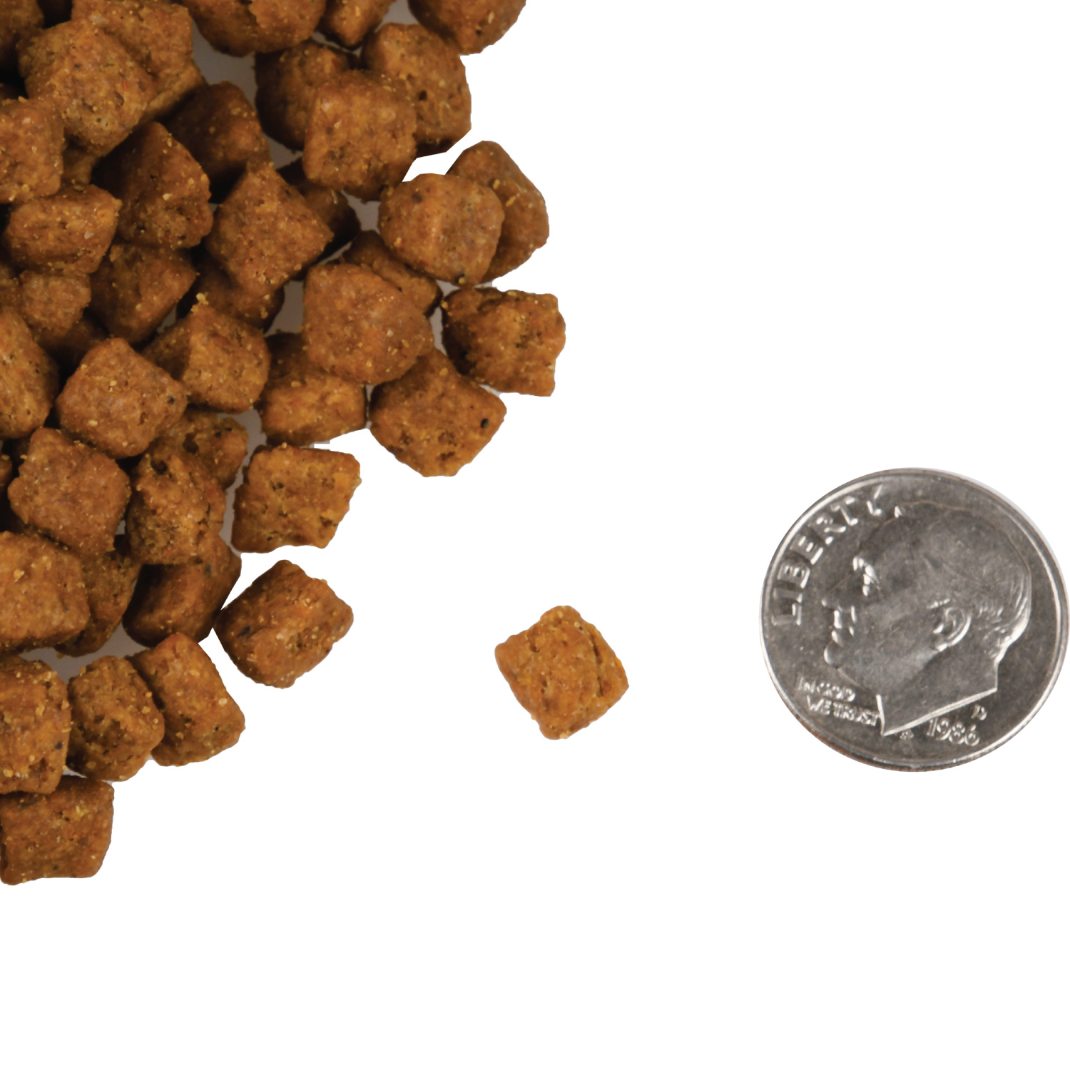 A small pile of Four-Star Beef Livattini Veg Cat kibble next to a dime for scale.