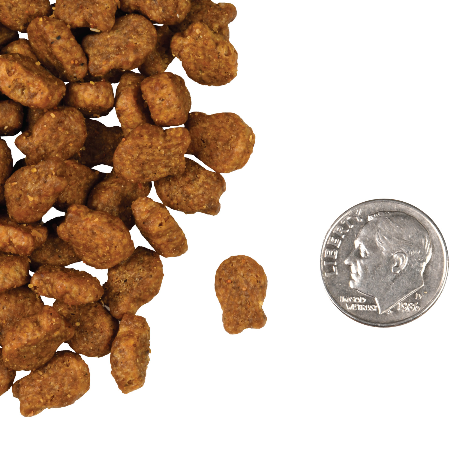 A small pile of Four-Star Salmon Tunachovy Cat kibble next to a dime for scale.