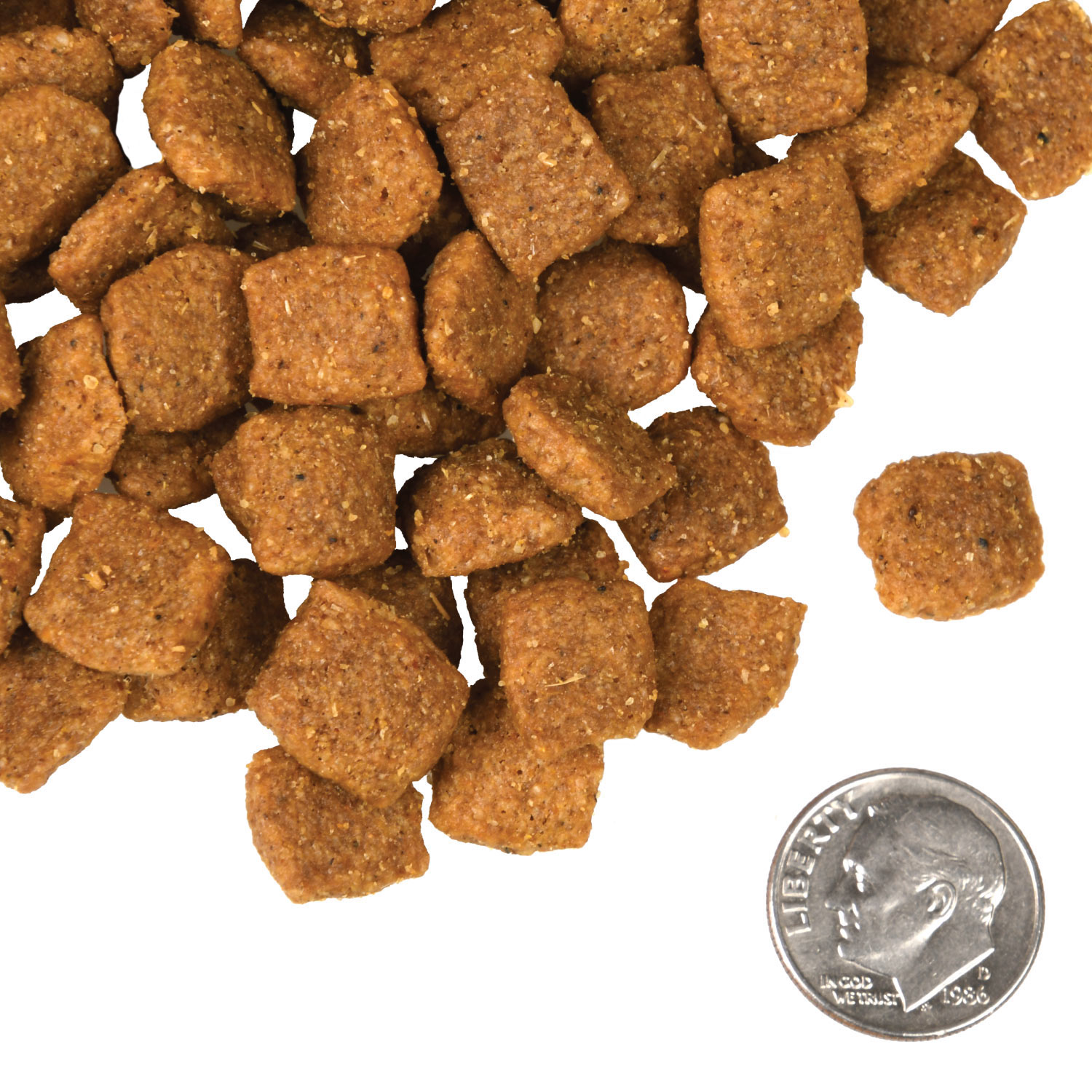 A small pile of Four-Star Chicken A La Veg kibble next to a dime for scale.