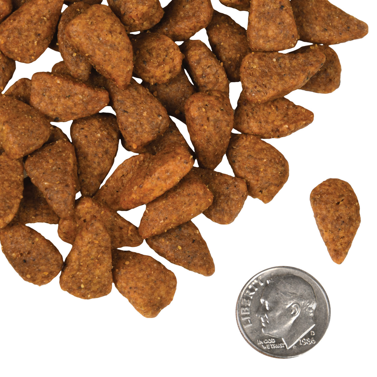 A small pile of Four-Star Chicken Au Frommage kibble next to a dime for scale.